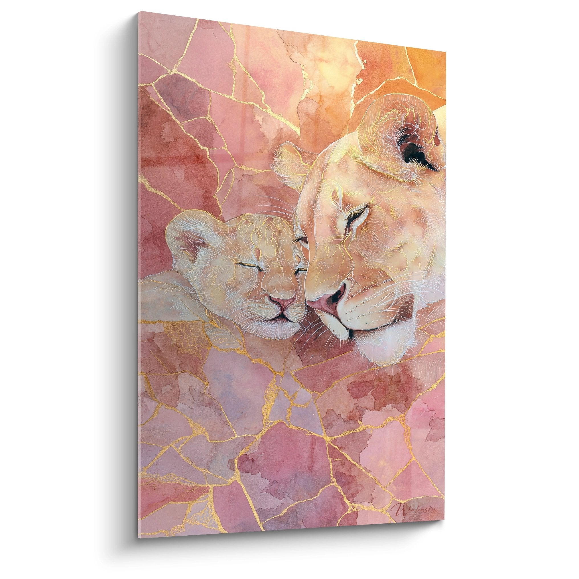 Quadro leonessa e cucciolo di leone tenerezza marmo rosa venature dorate edizione leone decorazione murale