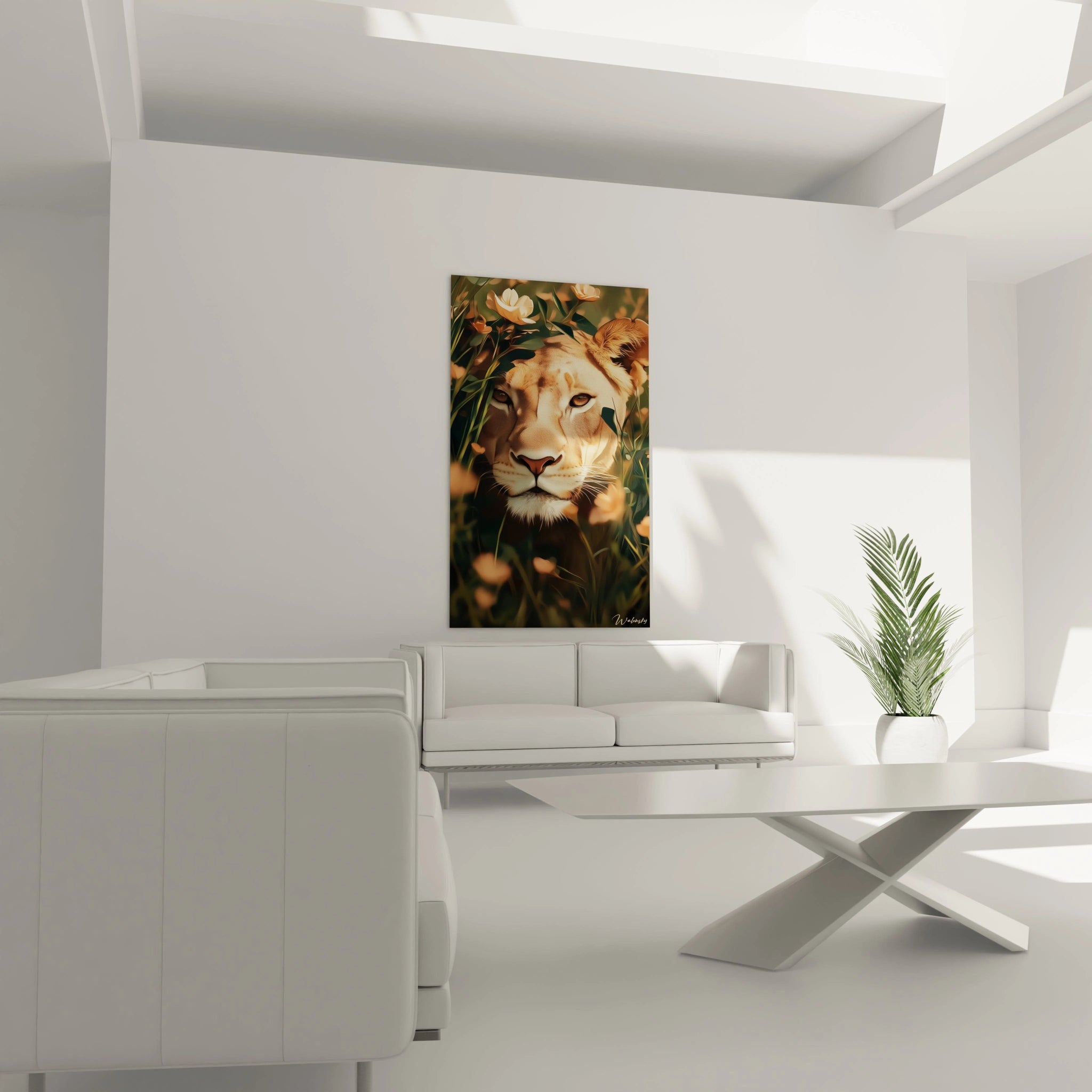 Un tableau lionne majestueux capturant le regard perçant du félin encadré par des plantes et fleurs sauvages. Contraste entre le pelage texturé beige-orangé et le feuillage vert foncé, avec des détails précis des traits faciaux.