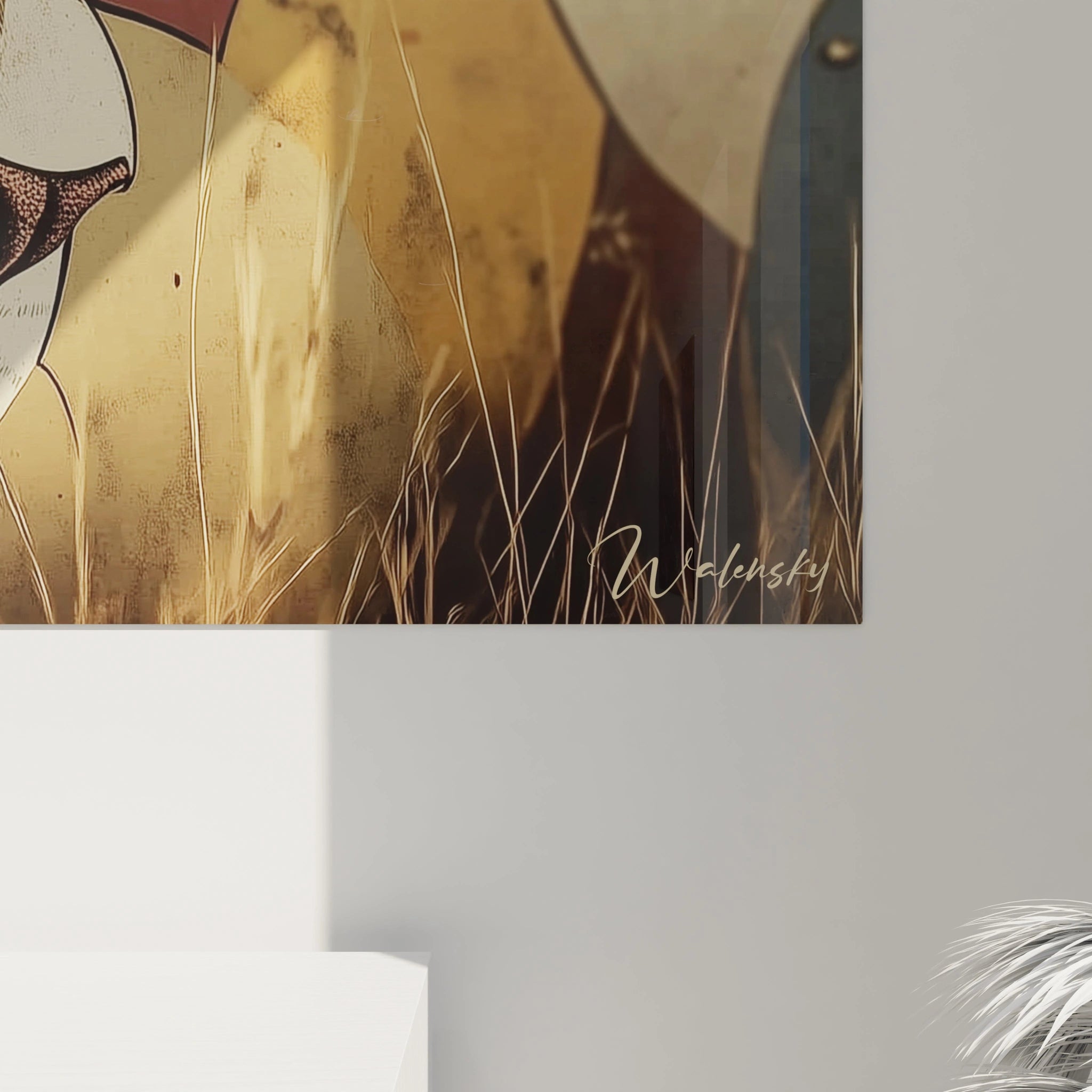 Tableau lionne contemporain exposant un portrait félin semi-abstrait aux lignes fines et précises. Dominance de teintes ocre, beige et marron avec zones rougeâtres sur les joues. Fond géométrique aux couleurs contrastées.