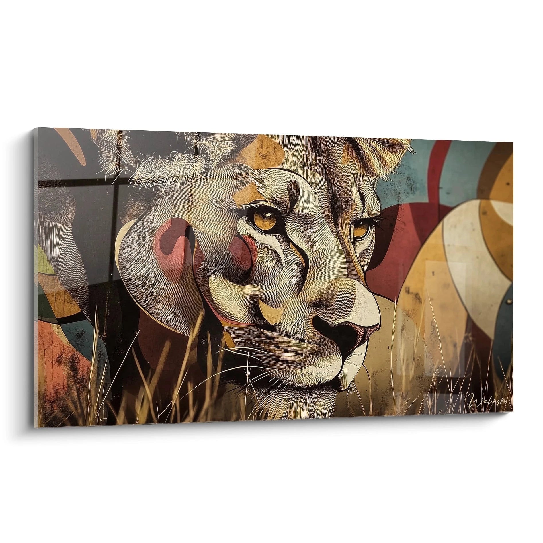 Un tableau lionne représentant un gros plan du visage félin stylisé, avec des yeux ambrés perçants, des teintes beiges et or, des accents rouges sur les joues, et un fond coloré abstrait aux motifs géométriques.