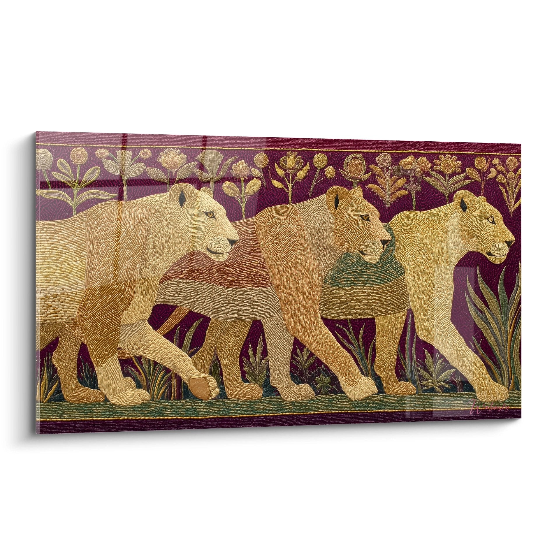 Tableau trois lions dores en procession sur fond bordeaux avec motifs floraux decoration murale royale
