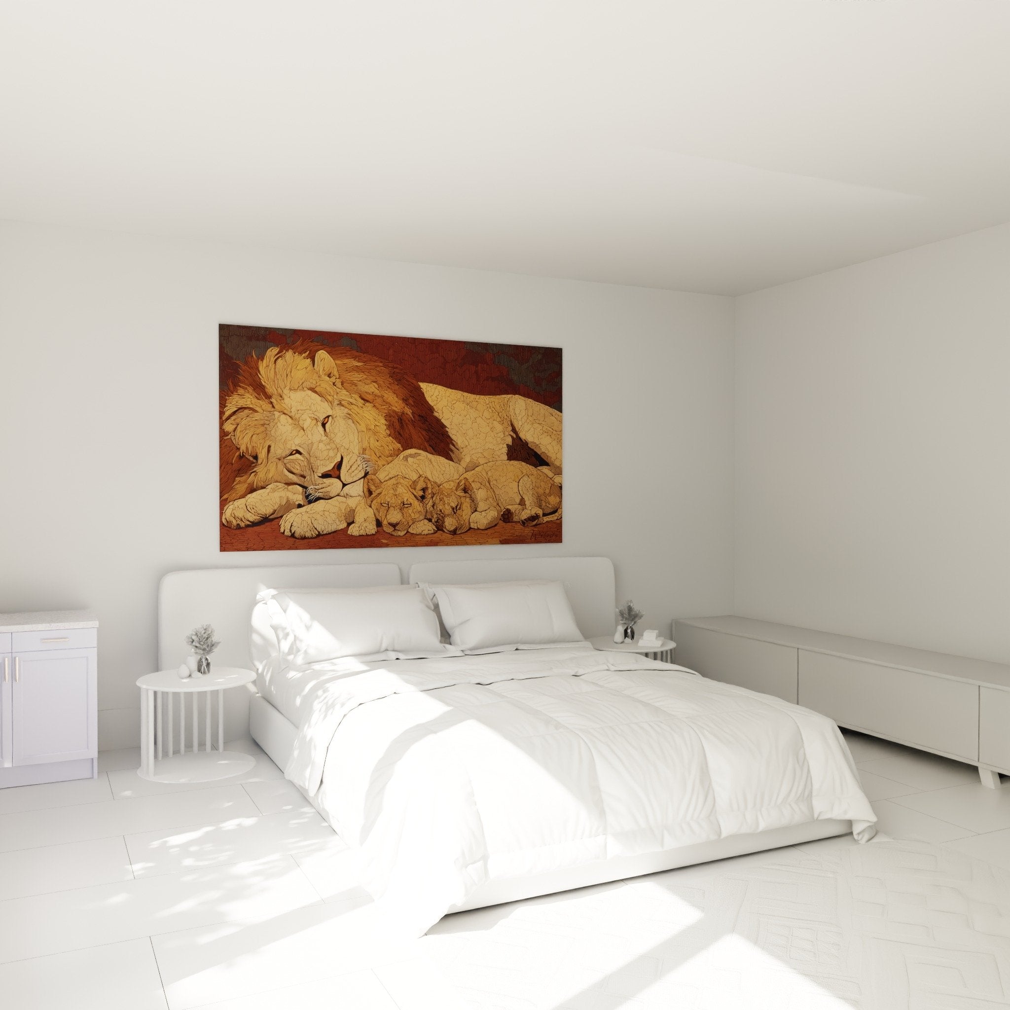 Tableau lions famille chambre décoration murale tons chauds ambiance cocooning salon moderne