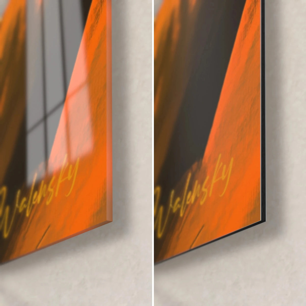 Cuadro leones durmiendo, esquina inferior derecha naranja y negra, cristal acrílico brillante a la izquierda, aluminio Dibond mate a la derecha, canto de 3 mm