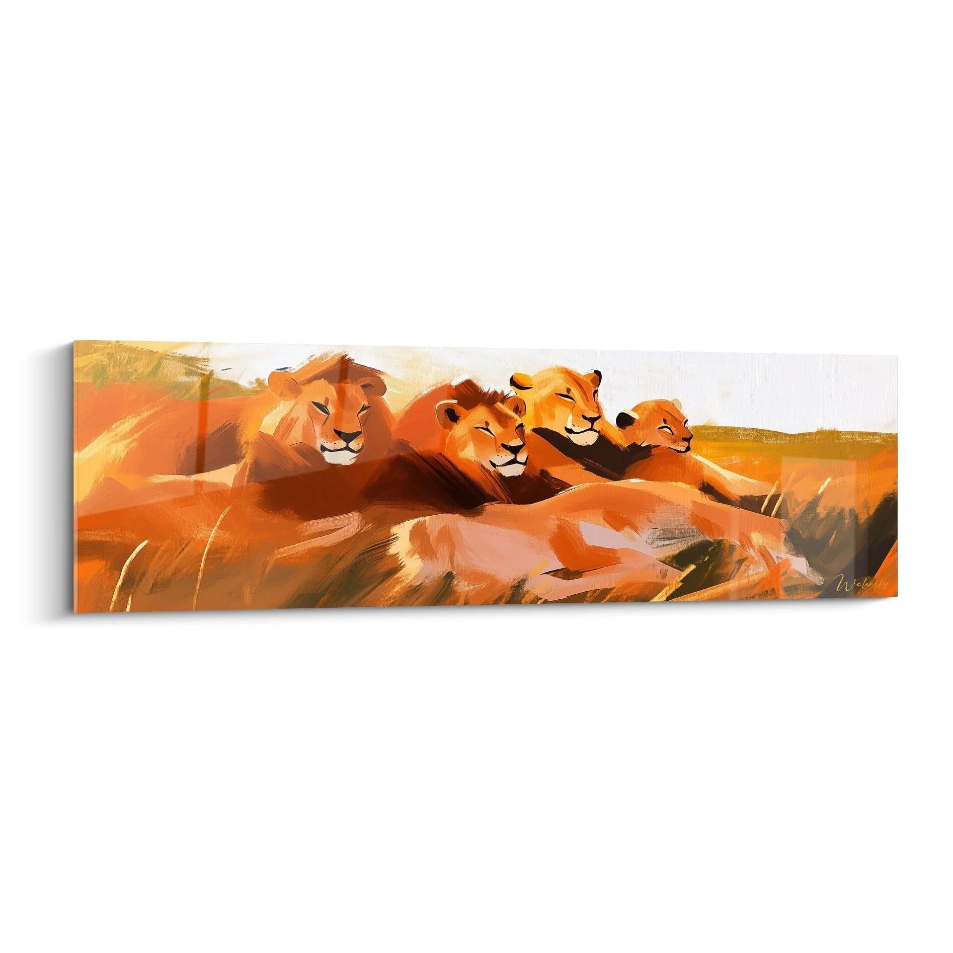 Tableau lion Walensky représentant une famille de lions allongés dans la savane aux teintes chaudes