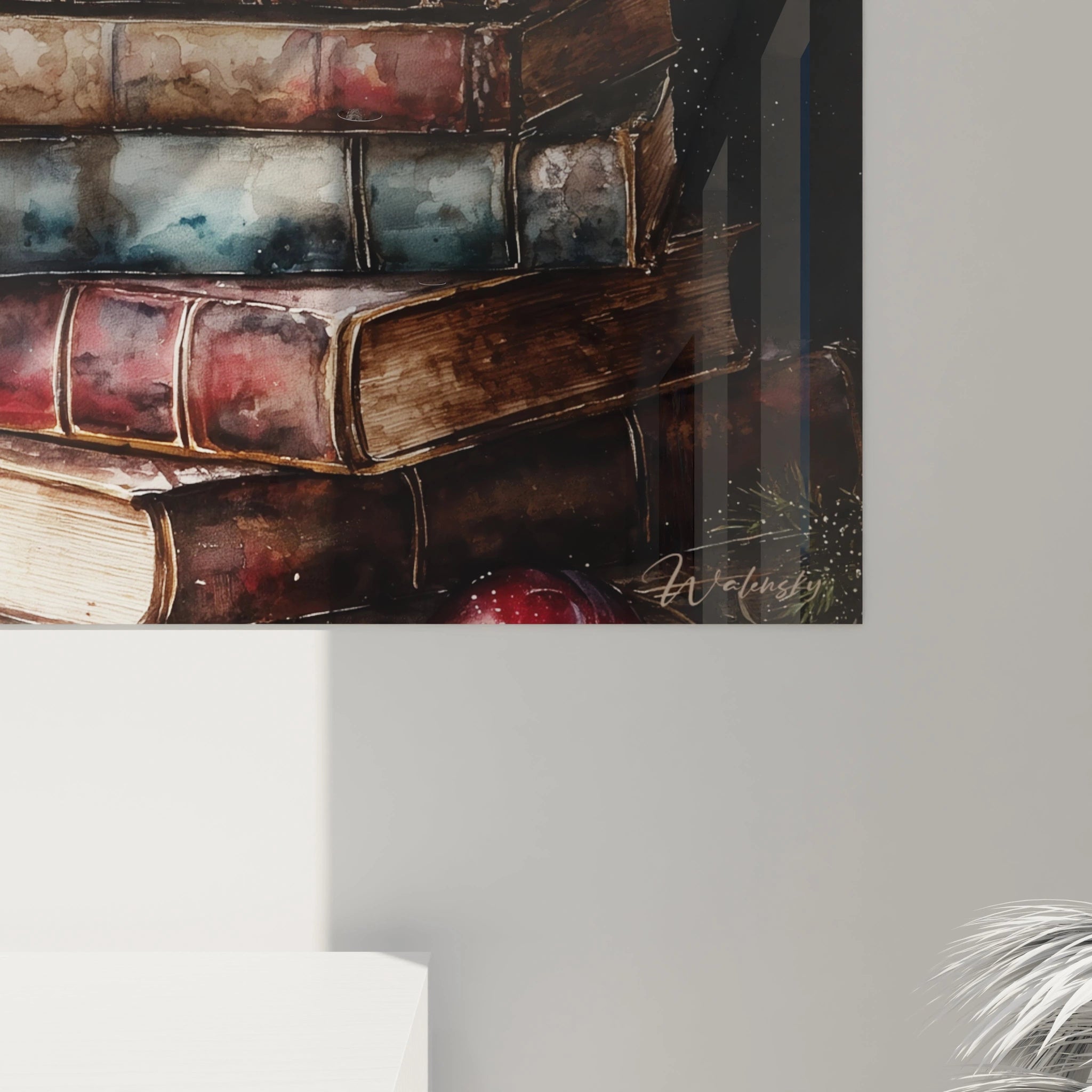 Tableau mural Noël livres contes avec des livres anciens empilés pour une décoration chaleureuse