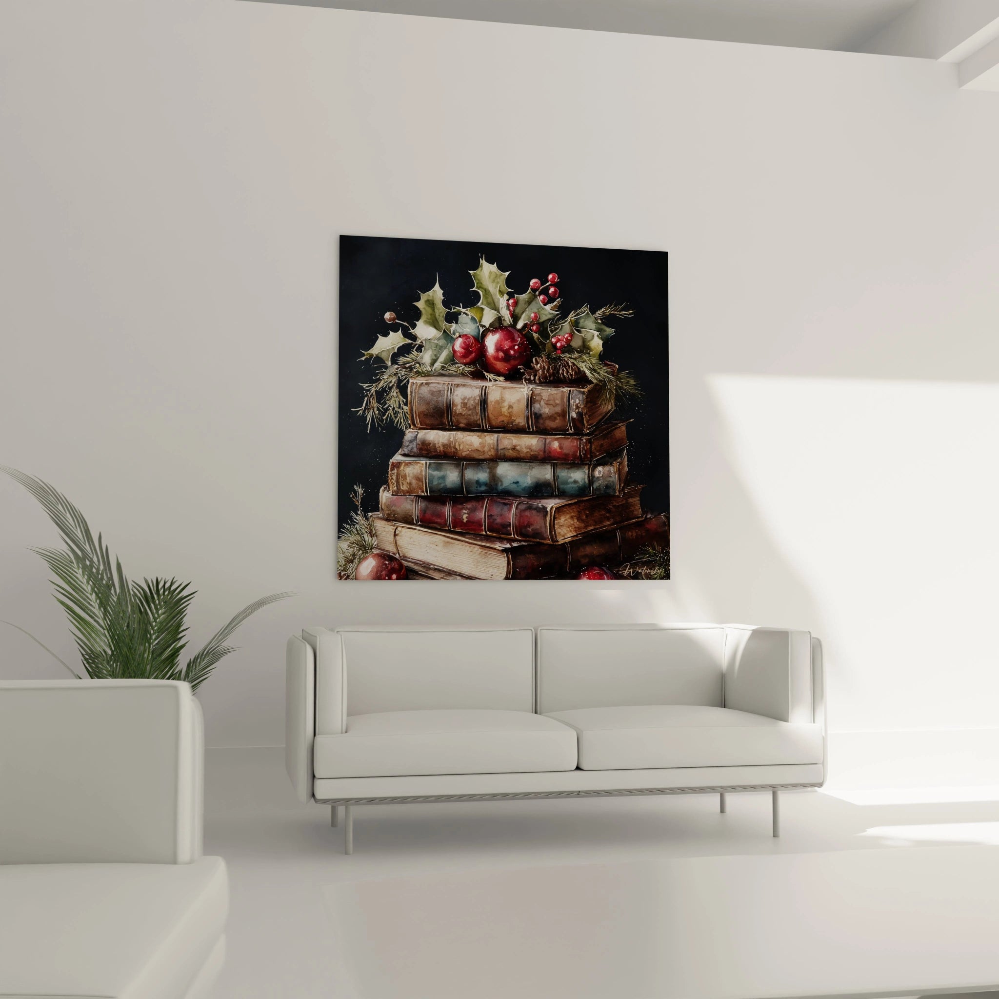 Tableau mural Noël livres contes décoratif avec des livres anciens et des éléments de Noël