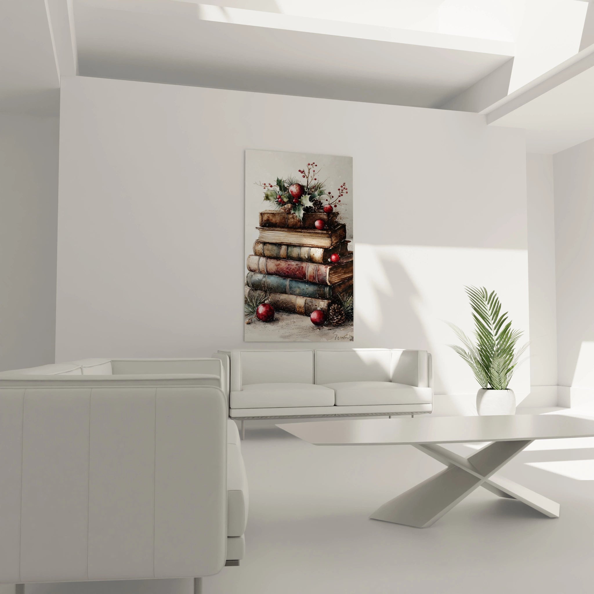 Tableau mural Noël livres avec des livres empilés et des décorations festives pour ajouter une touche chaleureuse à votre intérieur