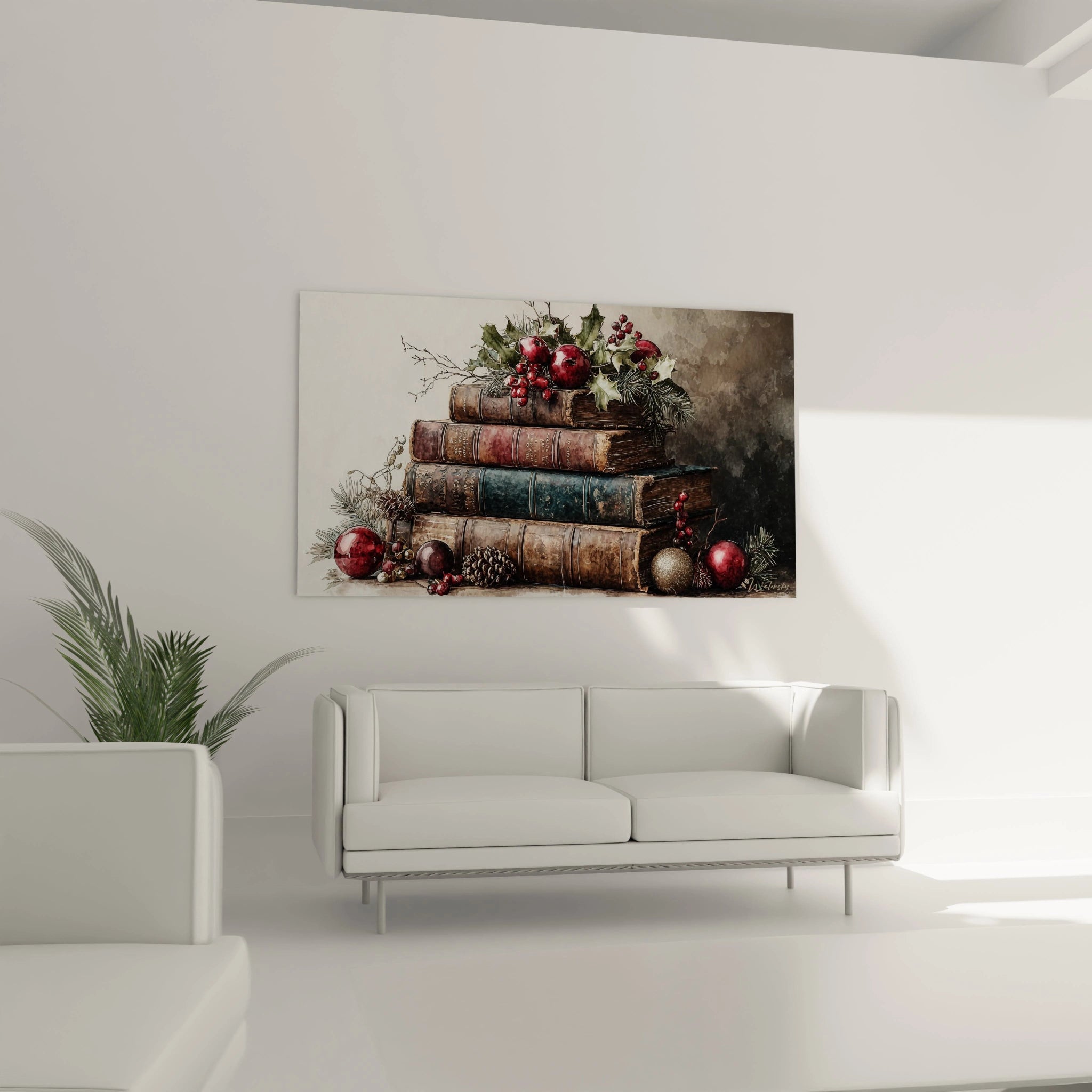 Tableau mural livres Noël décoratif avec des livres empilés et des ornements festifs
