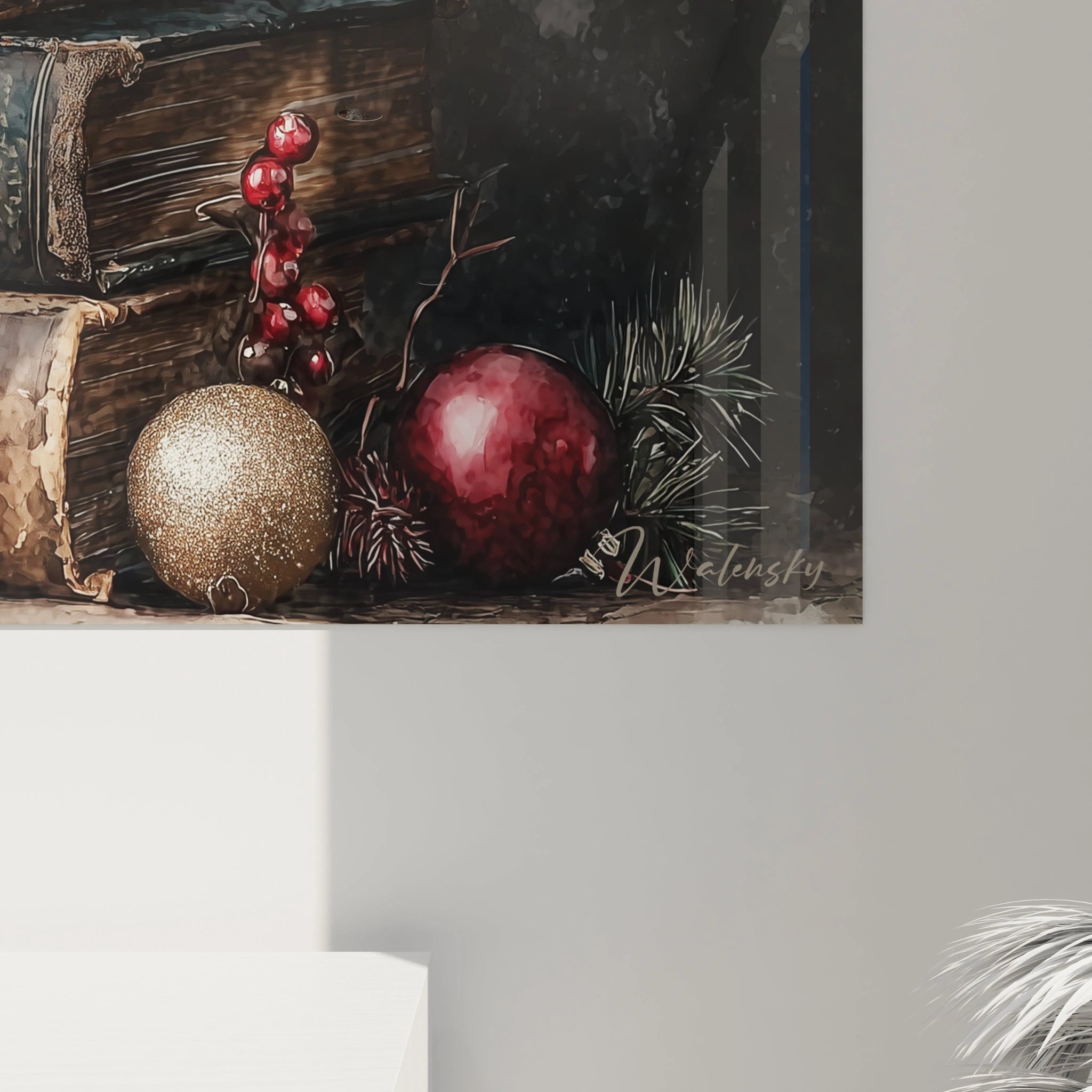 Tableau mural livres Noël avec des ornements de Noël, idéal pour décorer un intérieur festif