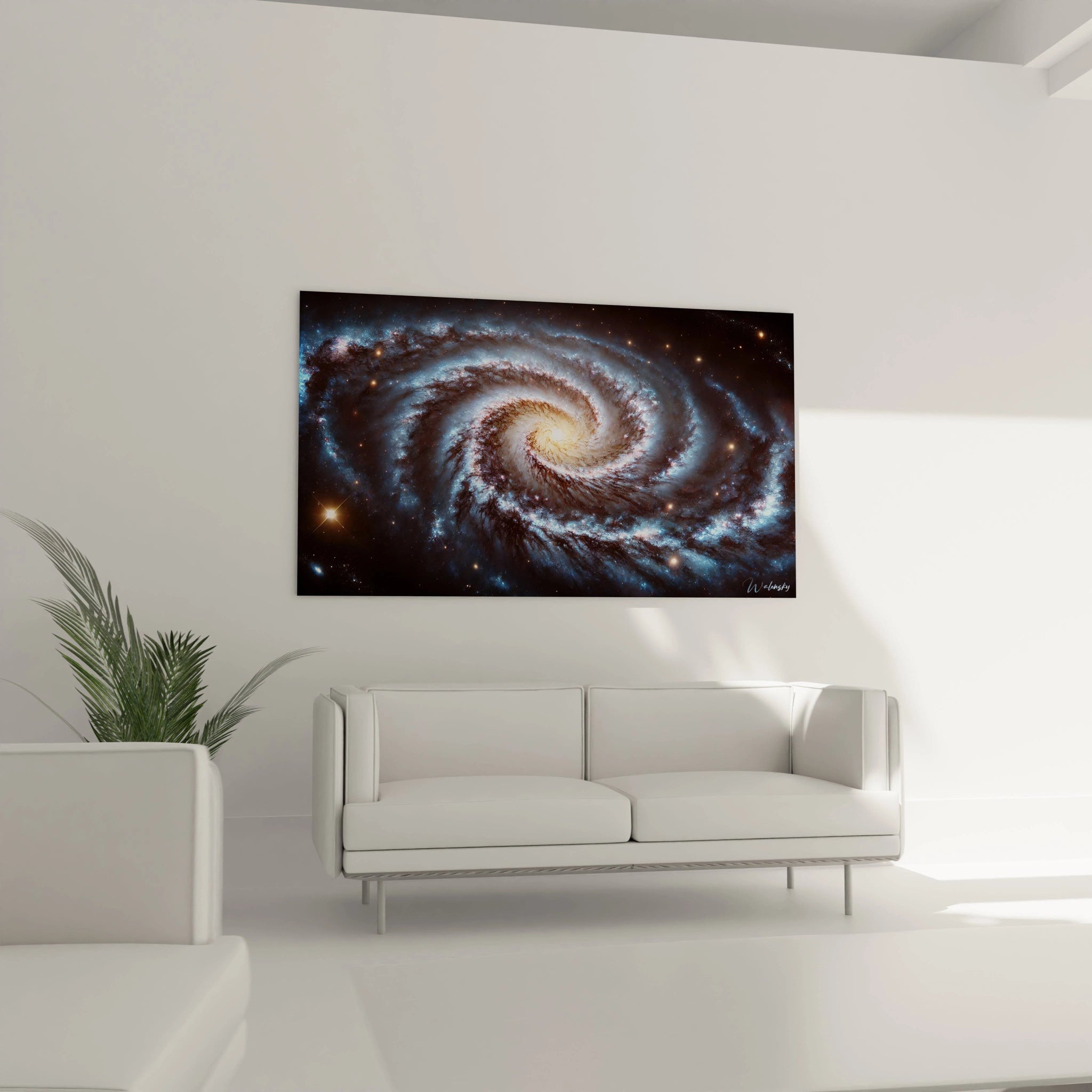 Transformez votre salon avec le tableau Galaxie, accroché au-dessus du canapé. Une fenêtre vers l'infini qui attire tous les regards.