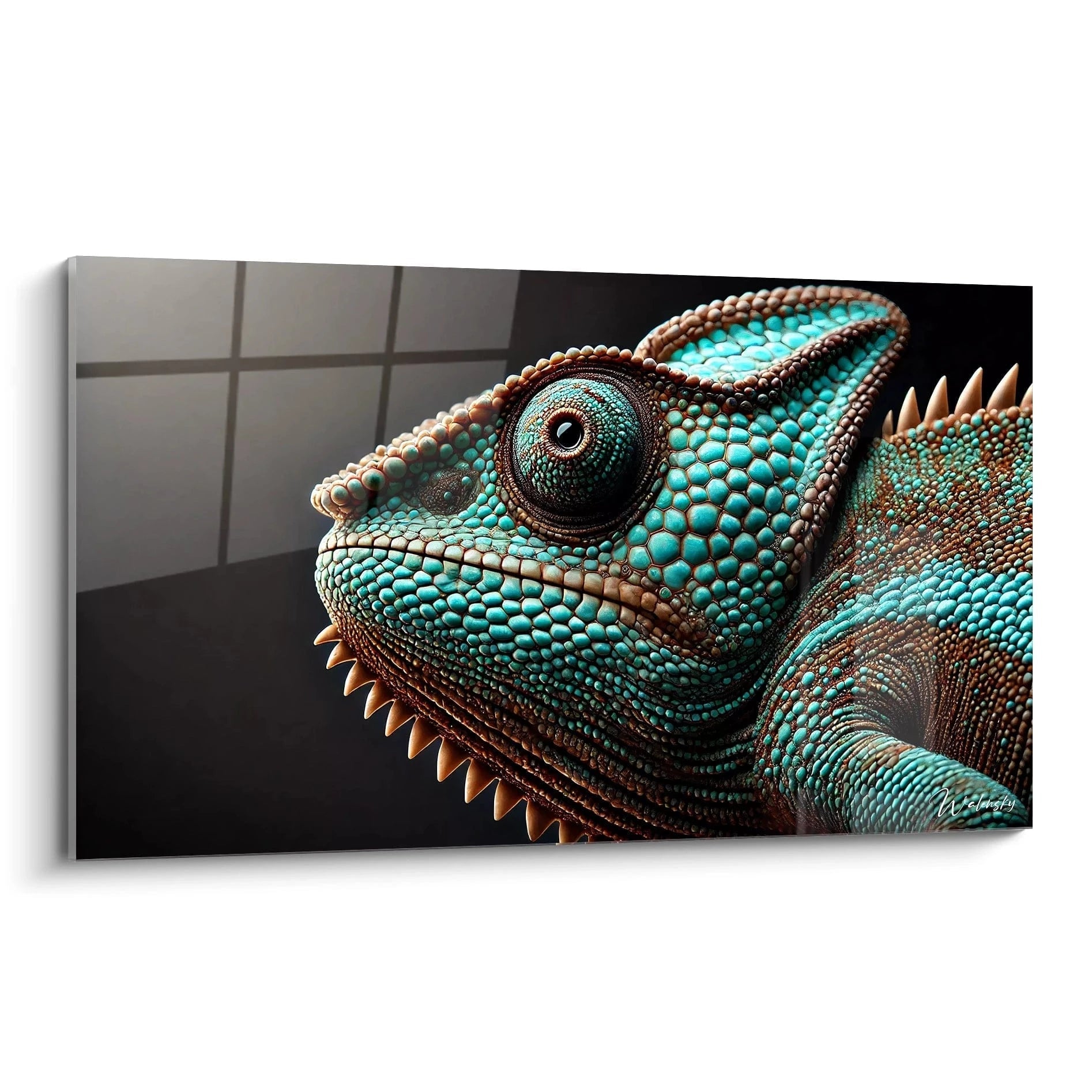 Ce tableau caméléon capturé en vue de biais révèle des détails époustouflants des écailles de l’animal hyperrealiste parfait pour une décoration unique et captivante