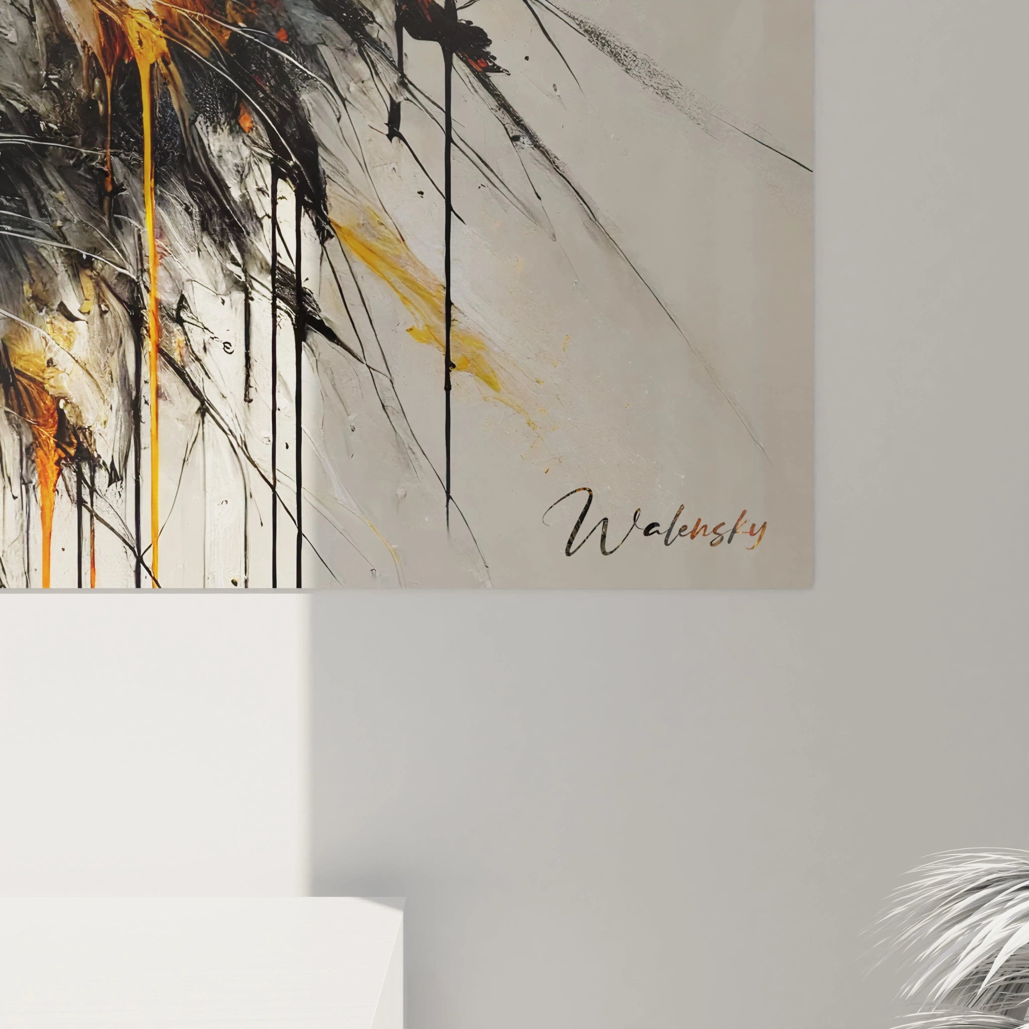 Vue rapprochée du tableau loup, révélant les détails de la texture et la puissance expressive des coups de pinceau. Les nuances chaudes et froides créent un contraste saisissant.