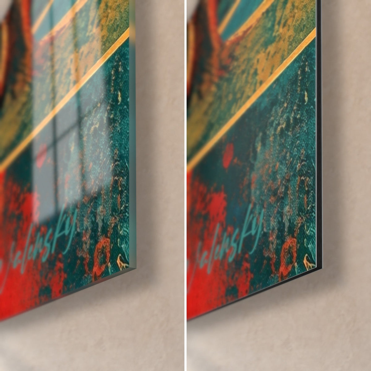 Schilderij landhuis in oker en turkoois, rechtsonder: glanzend glas met raamreflecties, mat zwart Dibond, fijne rand van 3 mm