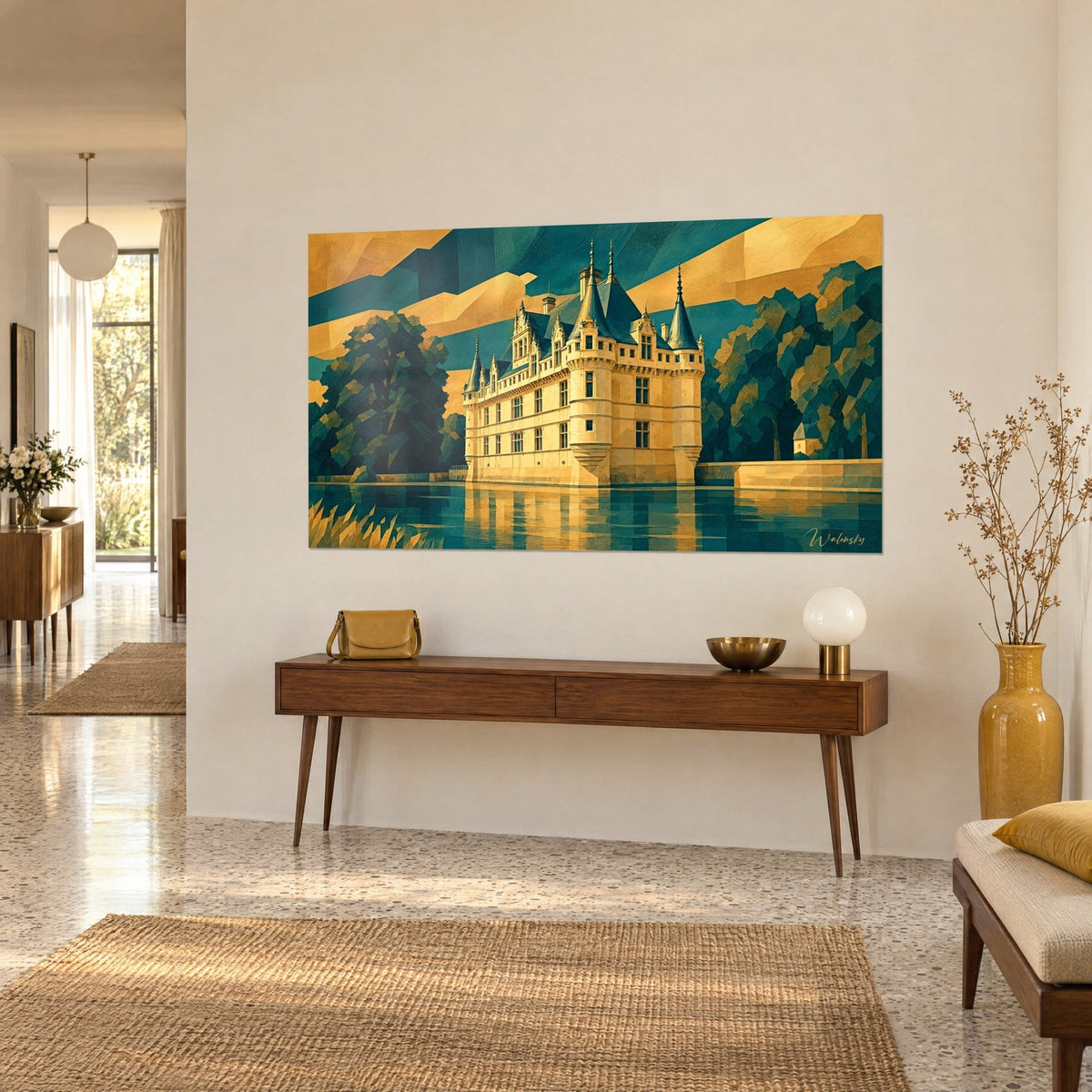Wall art pale stone manor with pointed blue-green roofs, golden reflections on the river, on a wooden hall console
