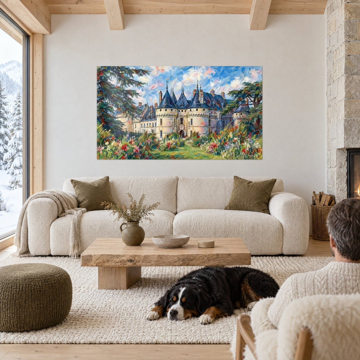 Wall art castle with slate-blue turrets, cream facade and red flower beds, above a sofa in a bright living room