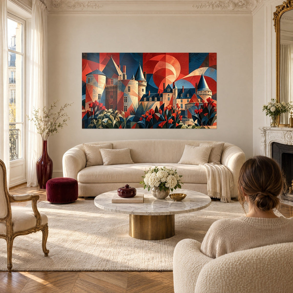 Gemälde Märchenschloss mit schiefergedeckten Türmchen, geometrische Fassaden in Rot und Blau, blühende Canna, über einem Sofa in einem hellen Wohnzimmer