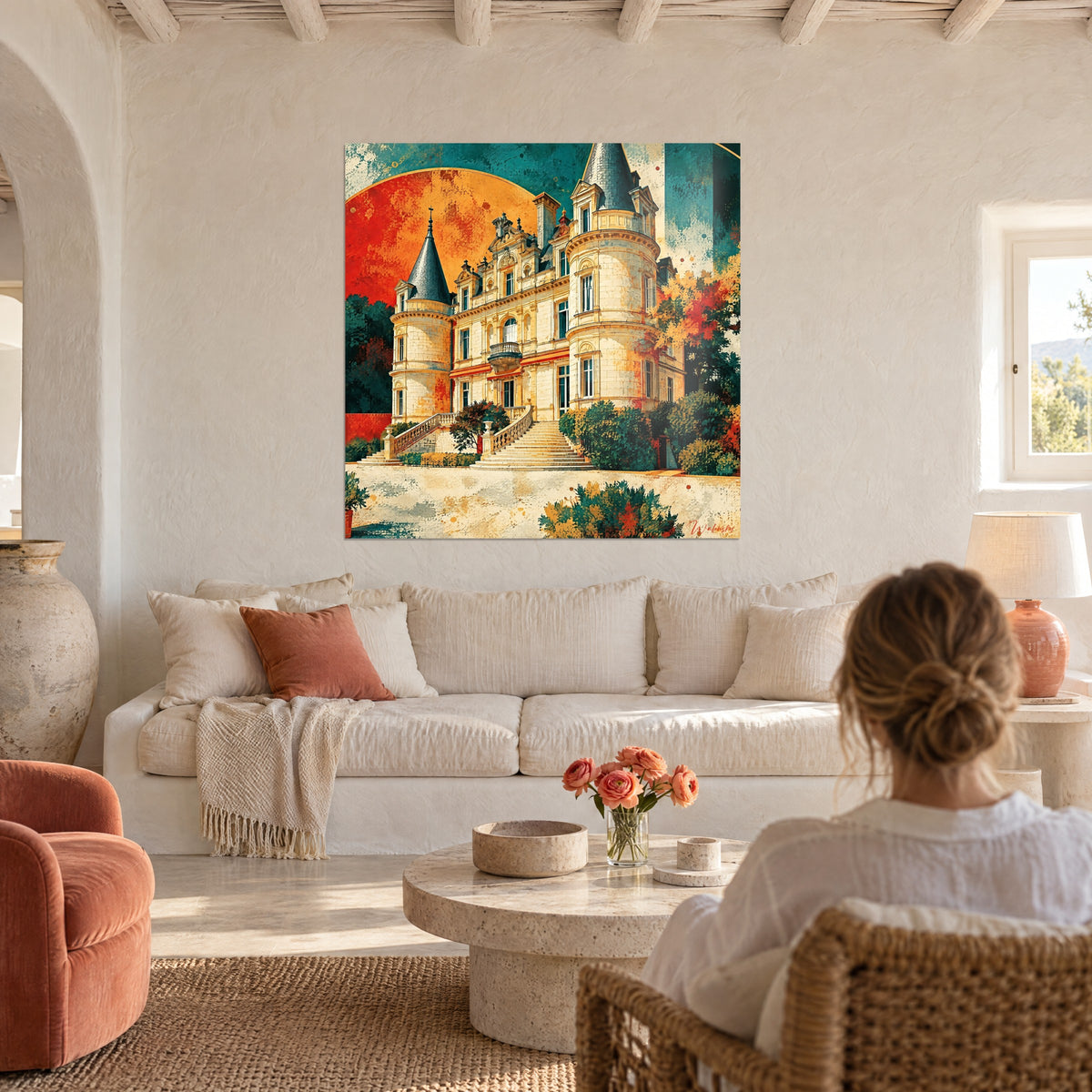 Schilderij renaissancekasteel met okerkleurige en petrolgroene torentjes, rode zon erachter, boven een bank in een lichte woonkamer