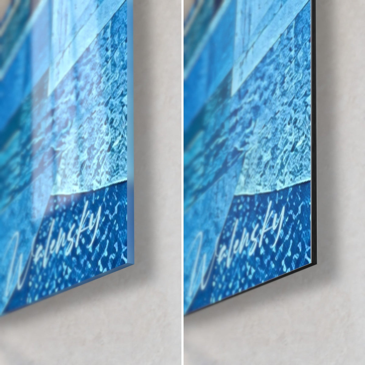 Cuadro castillo azul y blanco, esquina inferior derecha: vidrio acrílico brillante a la izquierda, aluminio Dibond mate a la derecha, canto de 3 mm