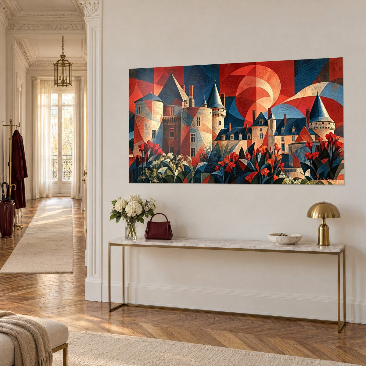 Gemälde Loire-Herrenhaus mit blauen Schieferdächern, rote Sonne in konzentrischen Bögen und orangefarbene Canna-Beete, vor einer cremefarbenen Haussmann-Wand