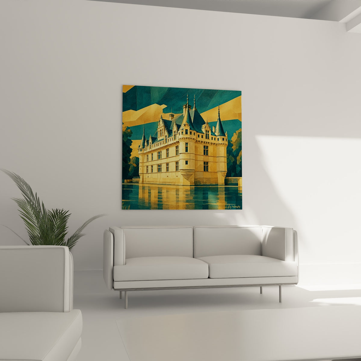Château doré bordé d'eau bleu-vert, tourelles élancées et ciel en facettes, au-dessus d'un canapé dans un salon lumineux