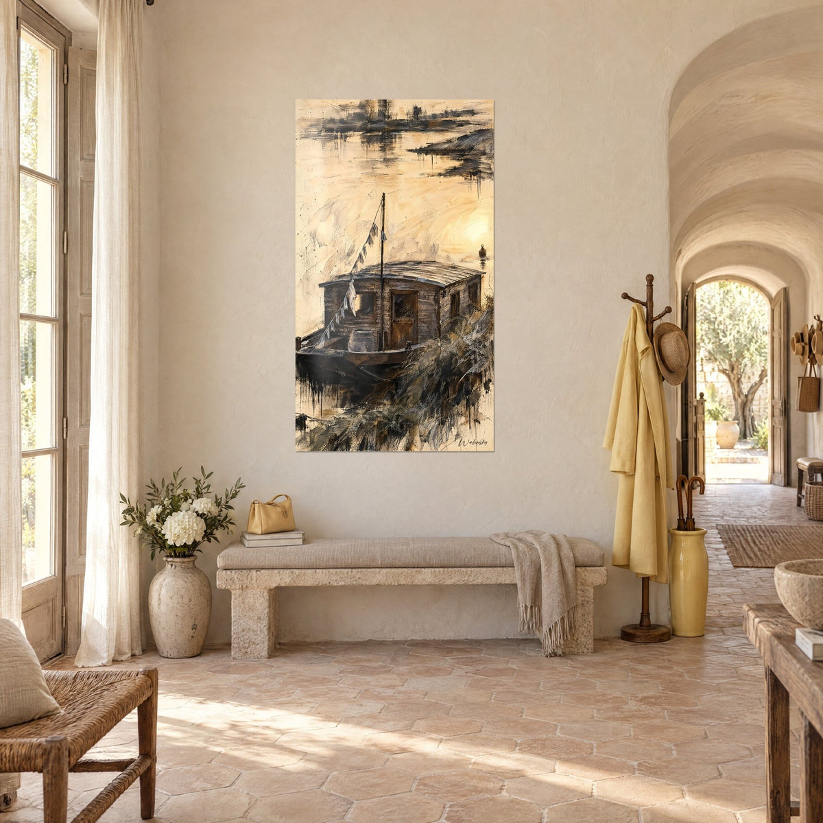 Schilderij van een drijvend schuilhuis met grijze planken, afgeronde dak, sepia weerspiegelingen op het water, driekwartzicht in een gewelfde gang