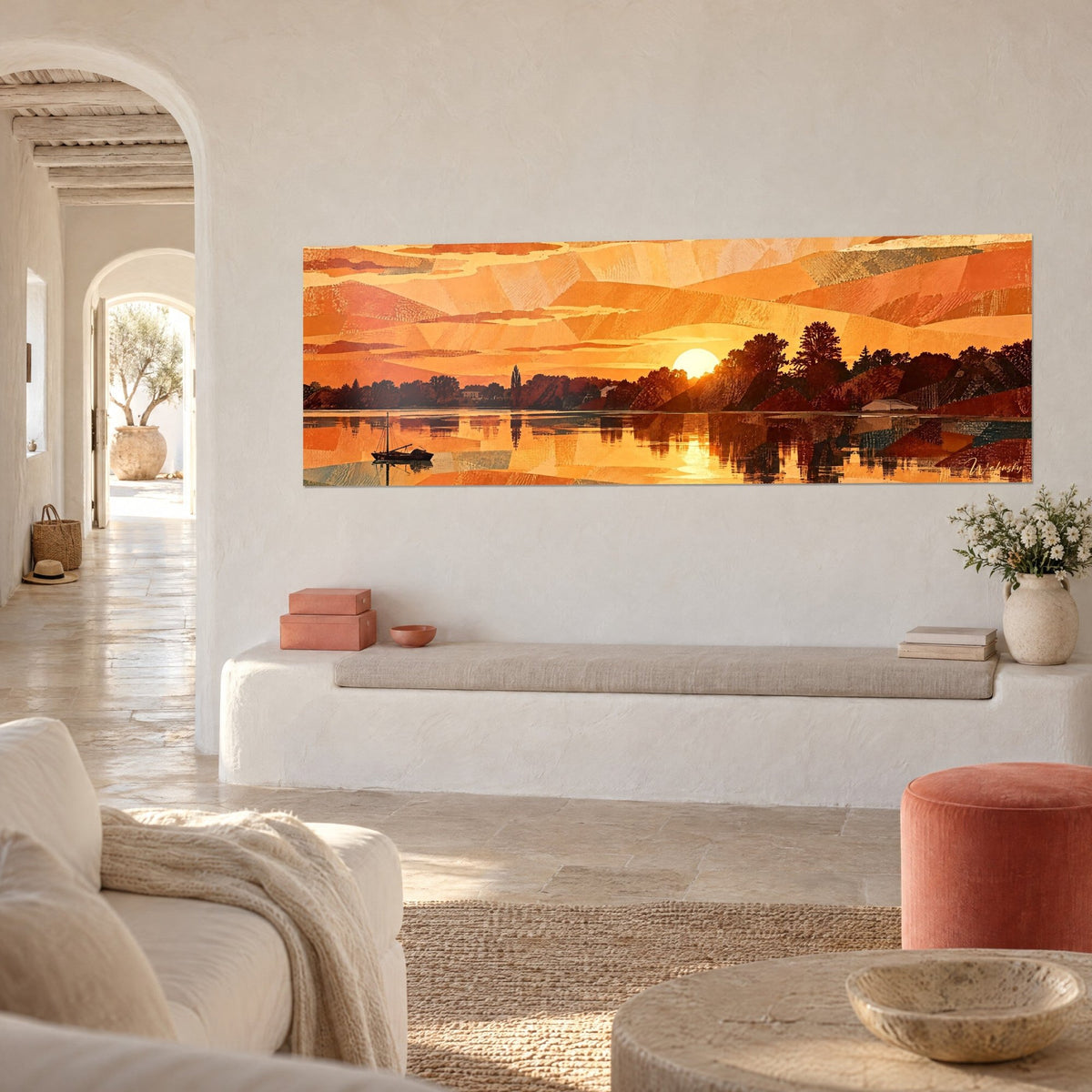 Wall art Loire panorama in ochre and rust patchwork, dark trees in silhouette, three-quarter view in a bright hallway