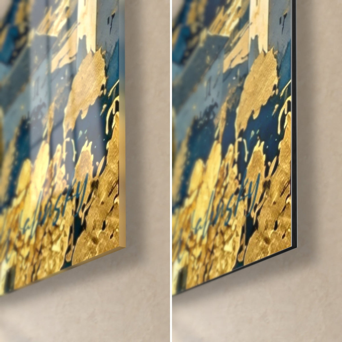 Wall art golden village among the vines, lower right corner in yellow and navy foliage, glossy glass and matte Dibond, 3 mm thickness
