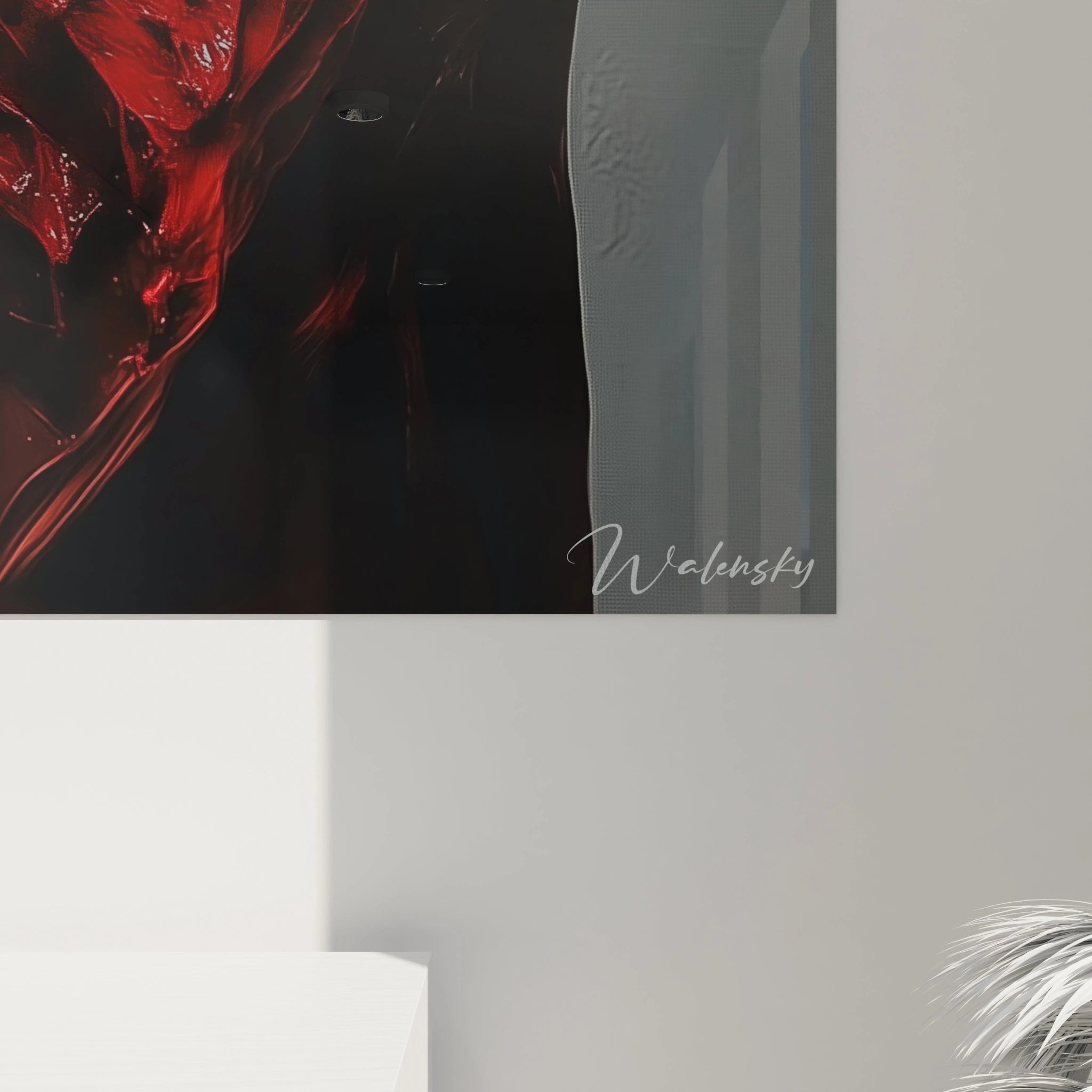 "Tableau sensuelle abstrait d’une silhouette féminine, avec des nuances rouges, noires et beige clair, entourée de textures dynamiques et de lignes fluides."