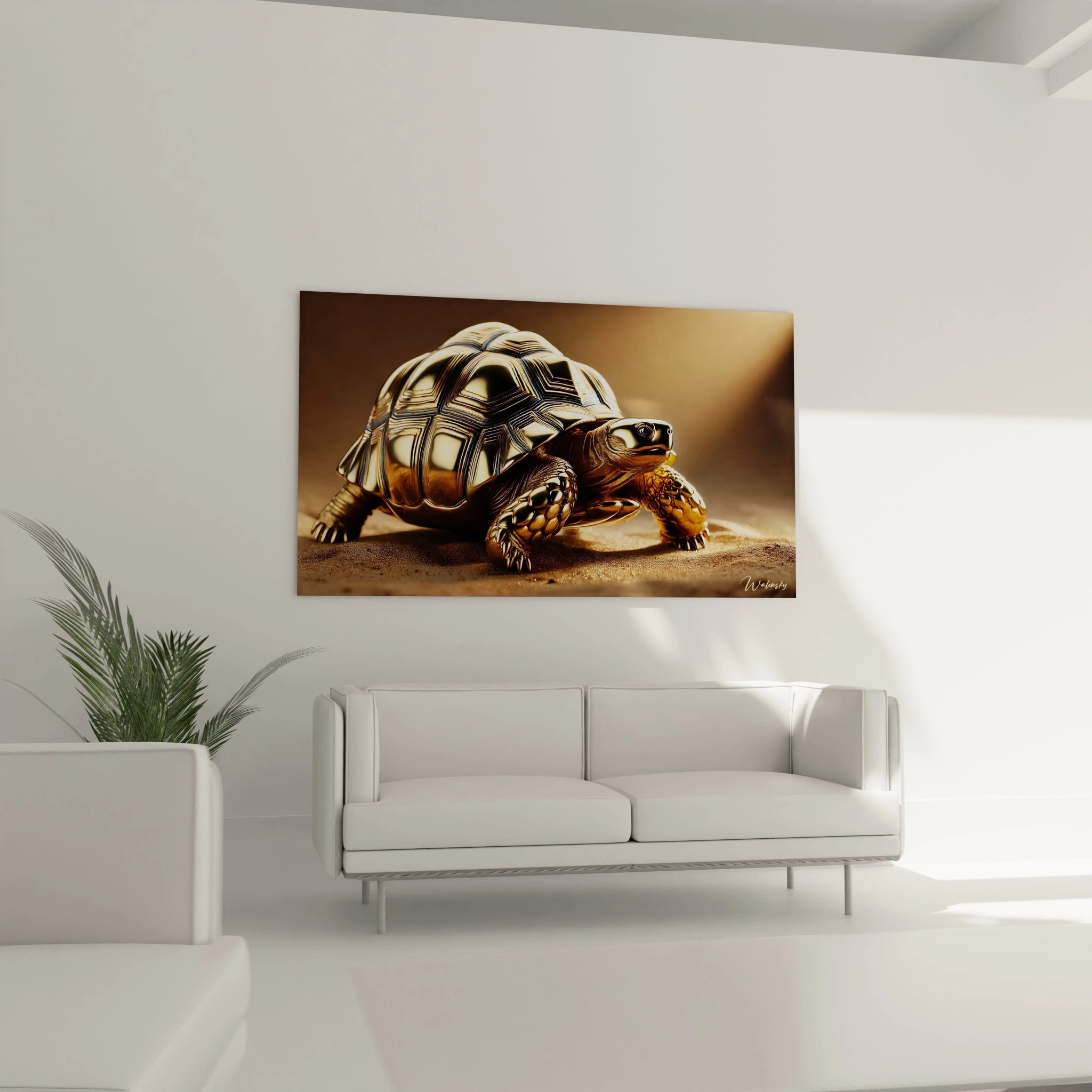 Ce tableau tortue terrestre, accroche au-dessus du canapé dans un salon, combine texture et lumiere pour creer une ambiance relaxante. Il enrichit l'espace avec des couleurs dorees et bronzees subtiles.