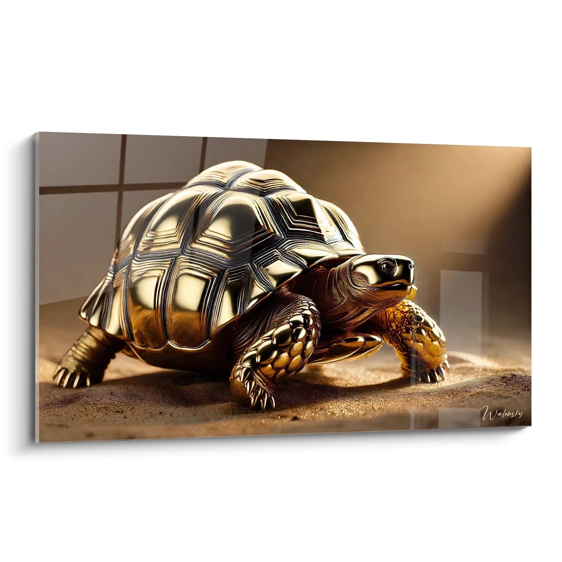 Presentation du tableau tortue terrestre, vue de biais. Les nuances dorees et la carapace metallique captivent l’œil. Ce tableau est un parfait melange de luxe et de realisme pour un interieur moderne.
