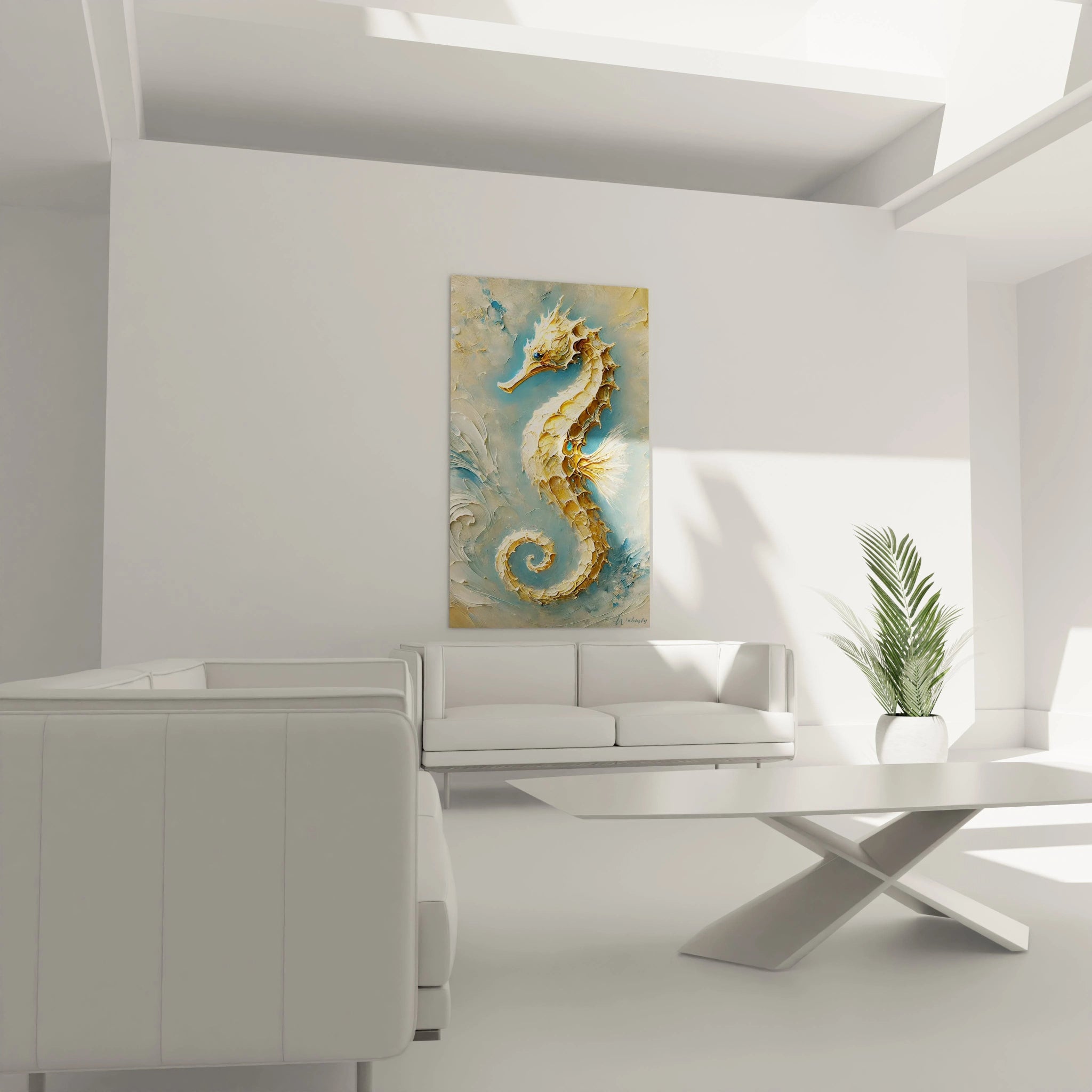 Tableau hippocampe accroche au dessus du canape, cree une ambiance calme et marine dans le salon. Couleurs beige, bleu et or pour une touche lumineuse.