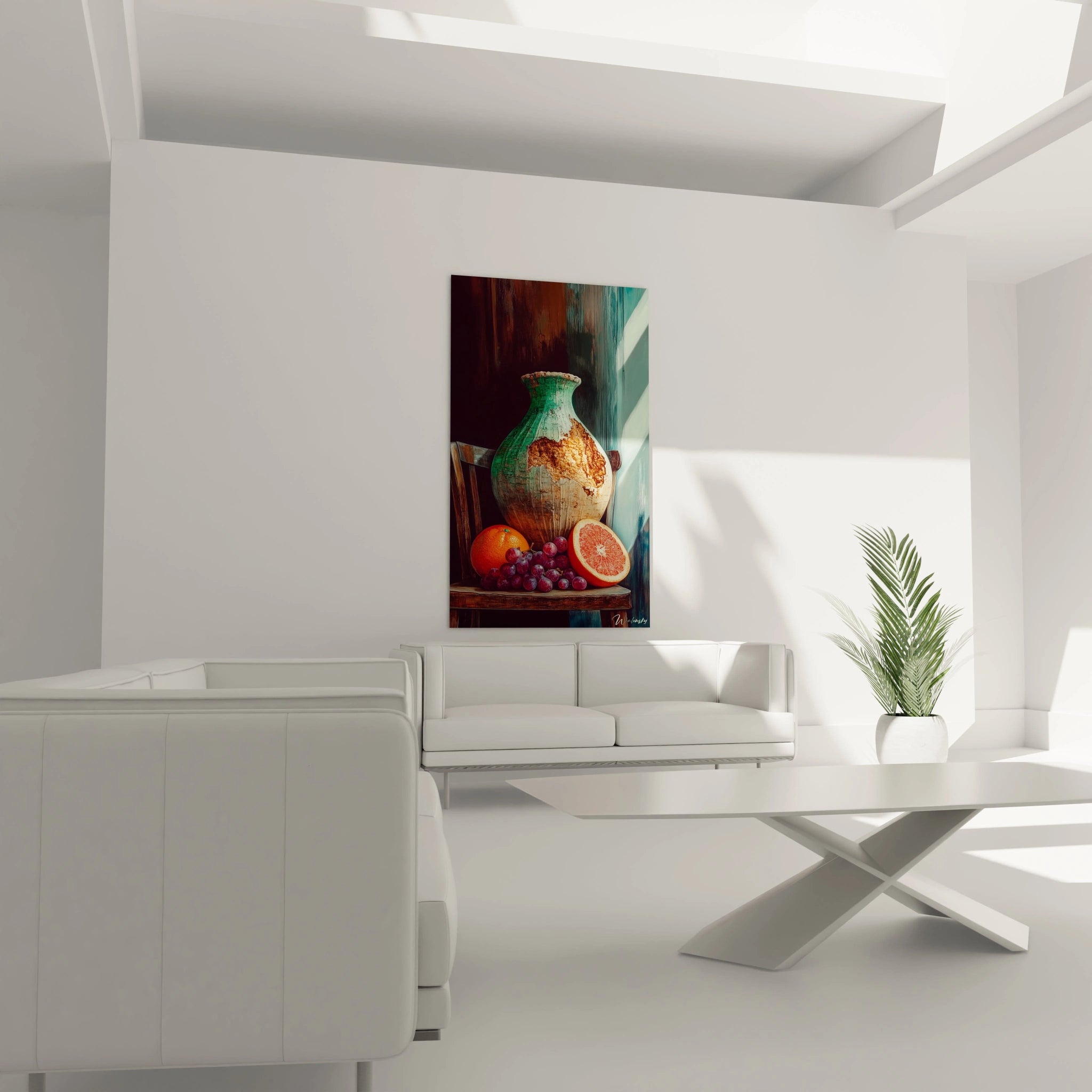 Vue générale d’un tableau nature morte abstrait illustrant un vase usé, des raisins rouges, et des agrumes coupés, avec un contraste marqué entre les teintes vertes, orange et marron.