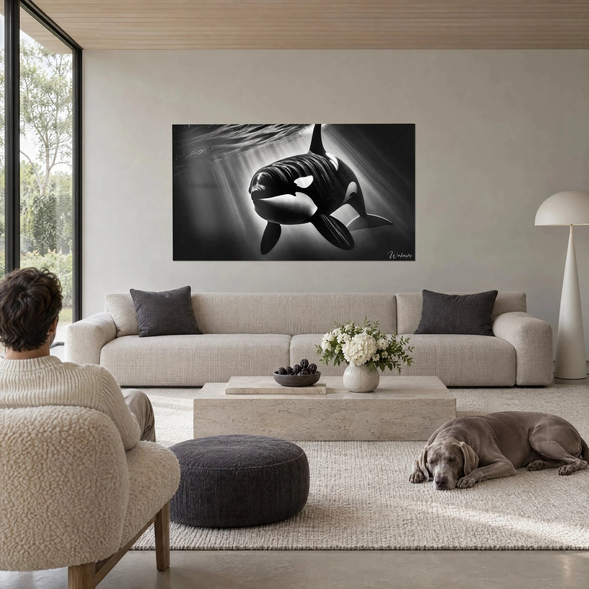 Wall art black and white orca emerging from the depths, shafts of grey light, two people seen from behind, above a sofa in a bright living room