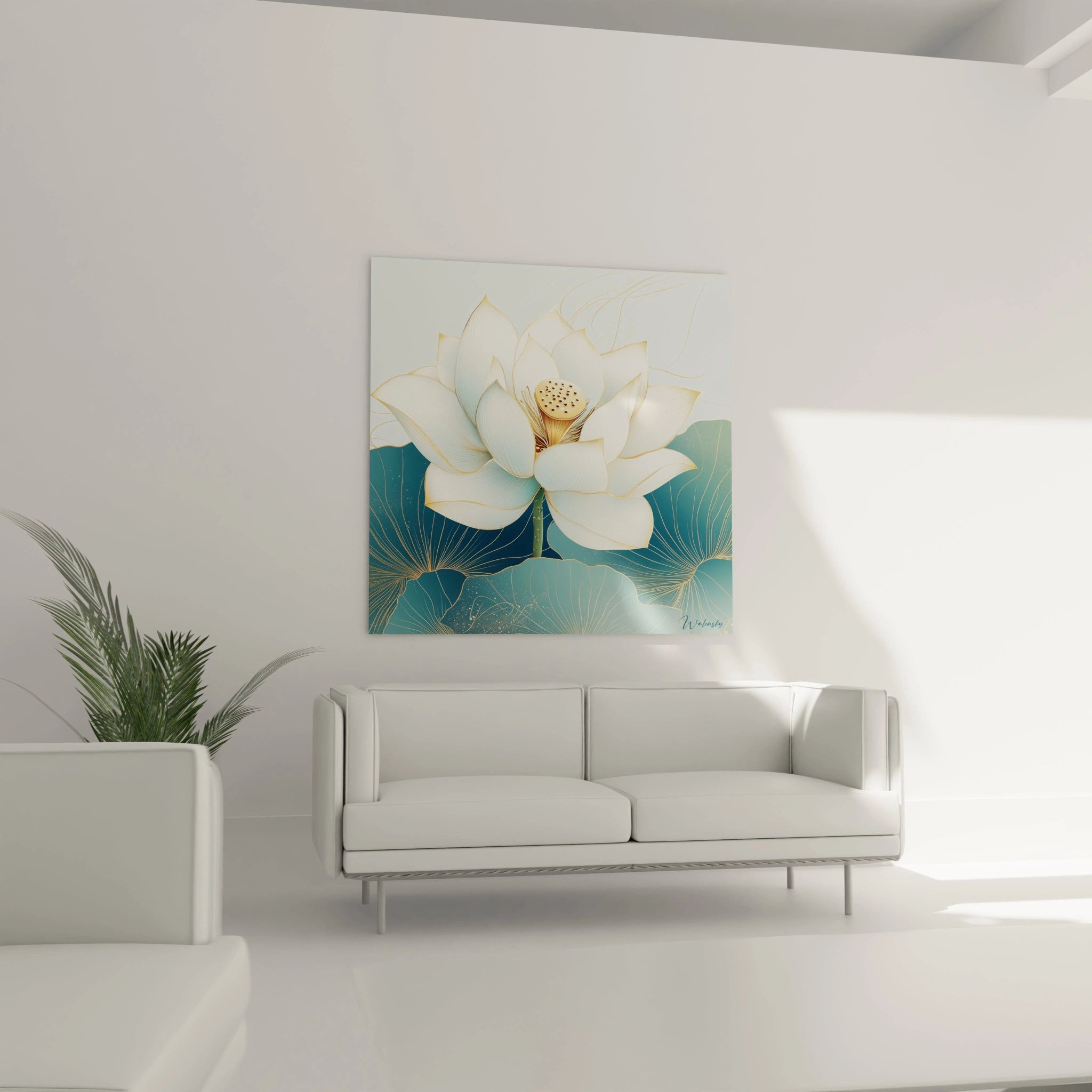 Tableau fleur de lotus blanc avec feuilles vertes dans un salon moderne minimaliste