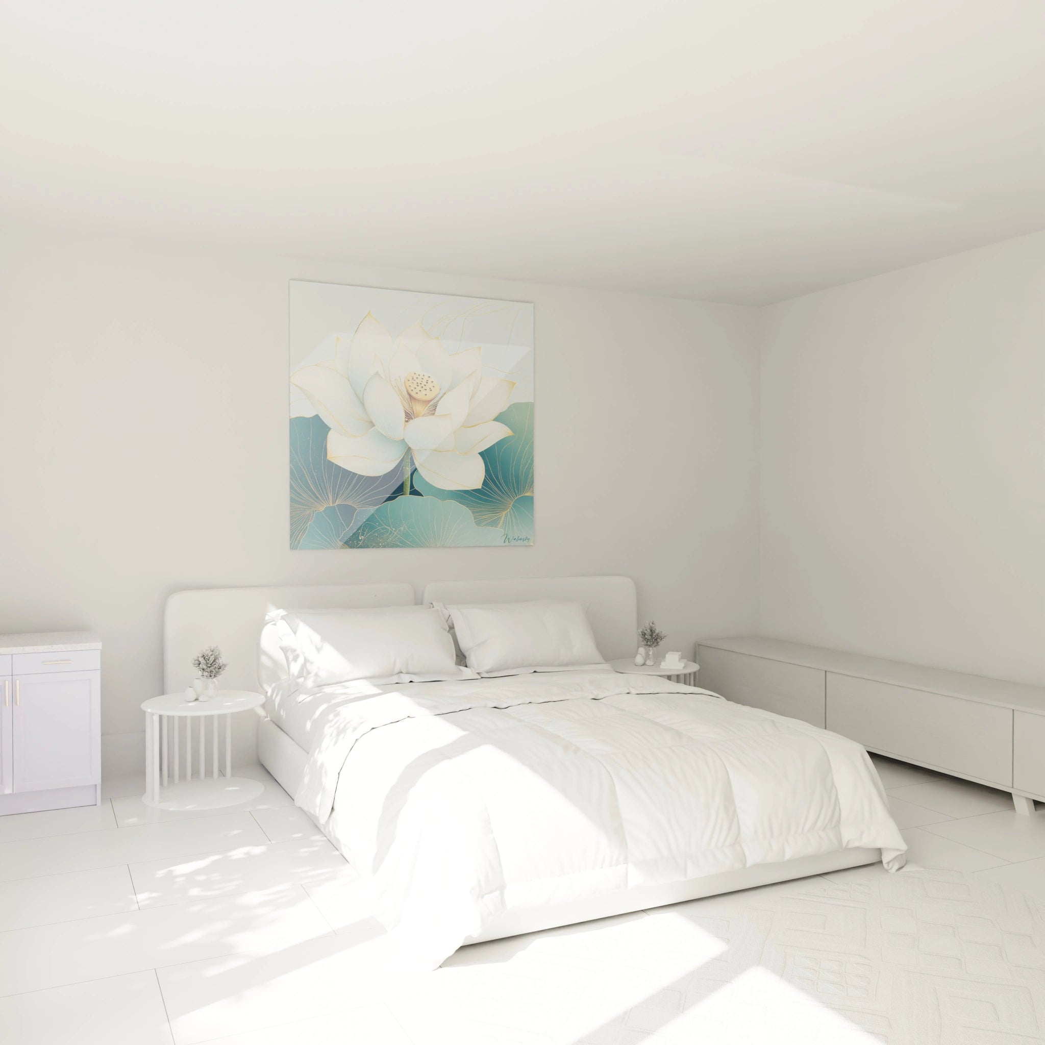 Tableau fleur de lotus Walensky décorant une chambre blanche minimaliste avec lit double