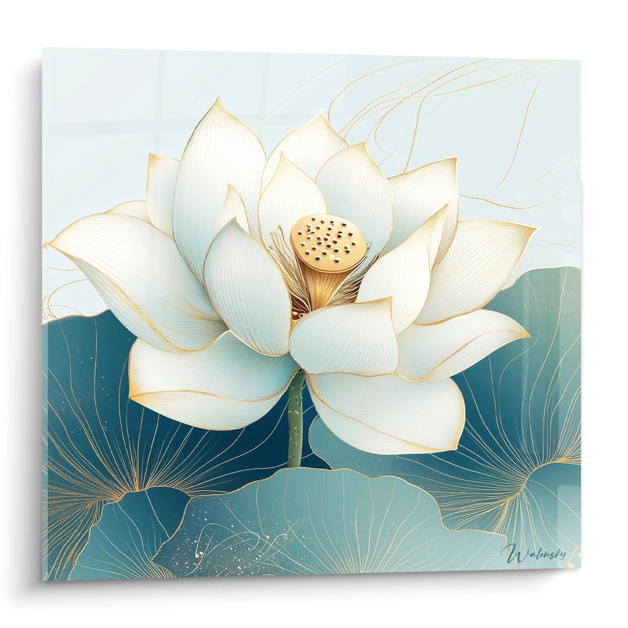 Tableau fleur de lotus blanche avec détails dorés sur fond bleu et vert par Walensky
