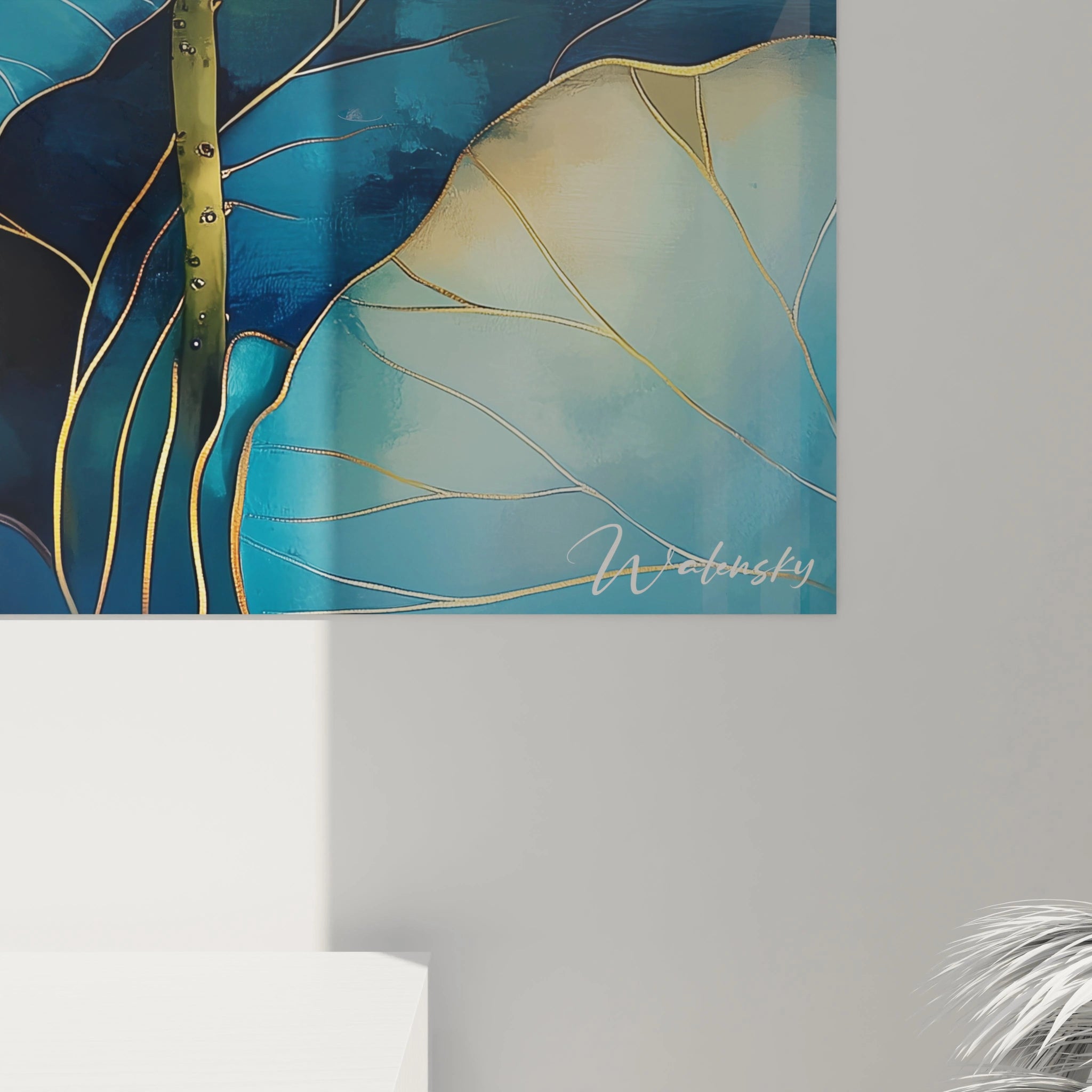 Tableau lotus zen Walensky avec feuillage bleu et doré pour décoration murale apaisante