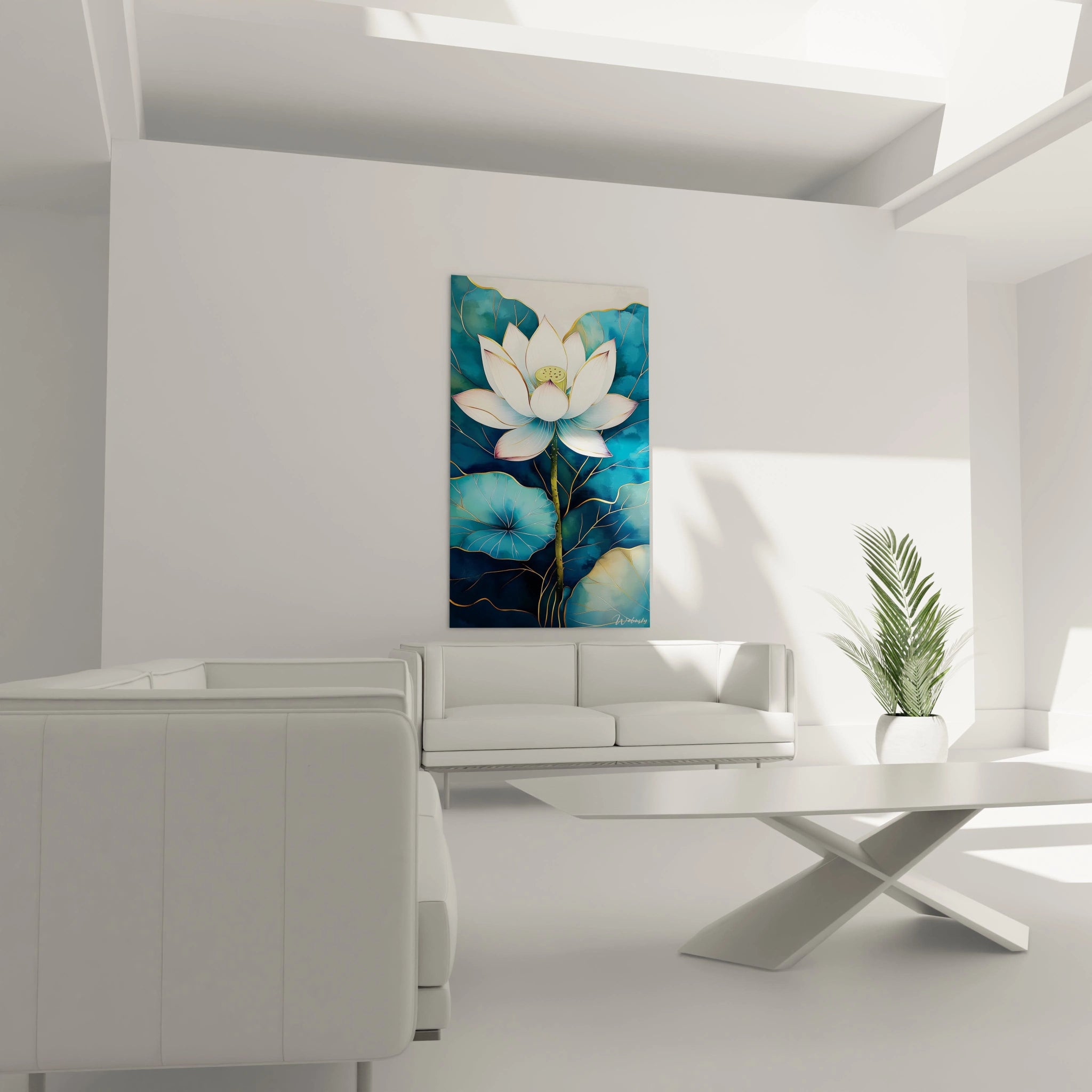 Tableau lotus zen Walensky avec fleur de lotus blanche et feuilles bleues dans un salon moderne lumineux