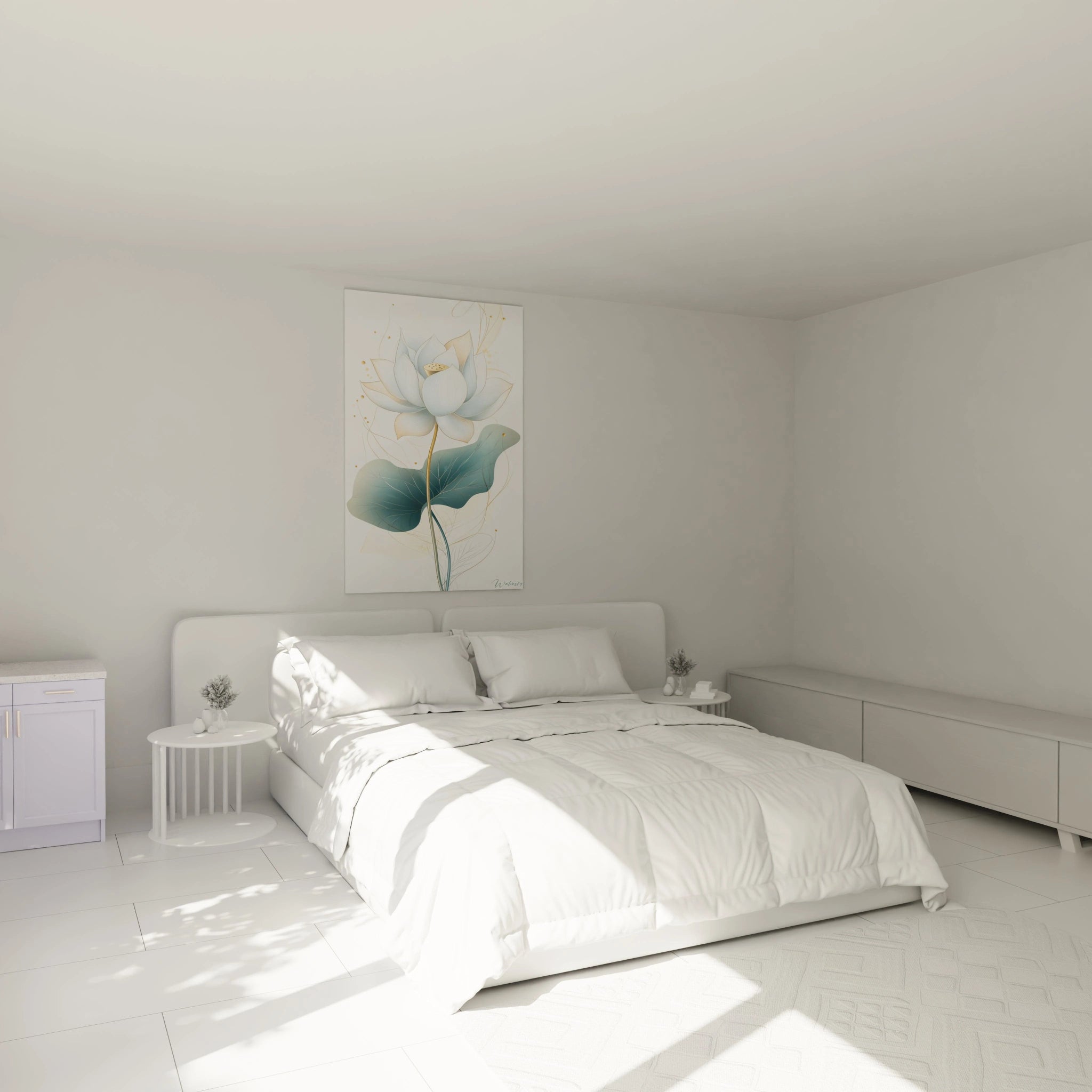 Tableau lotus zen Walensky accroché au mur dans une chambre blanche lumineuse et minimaliste