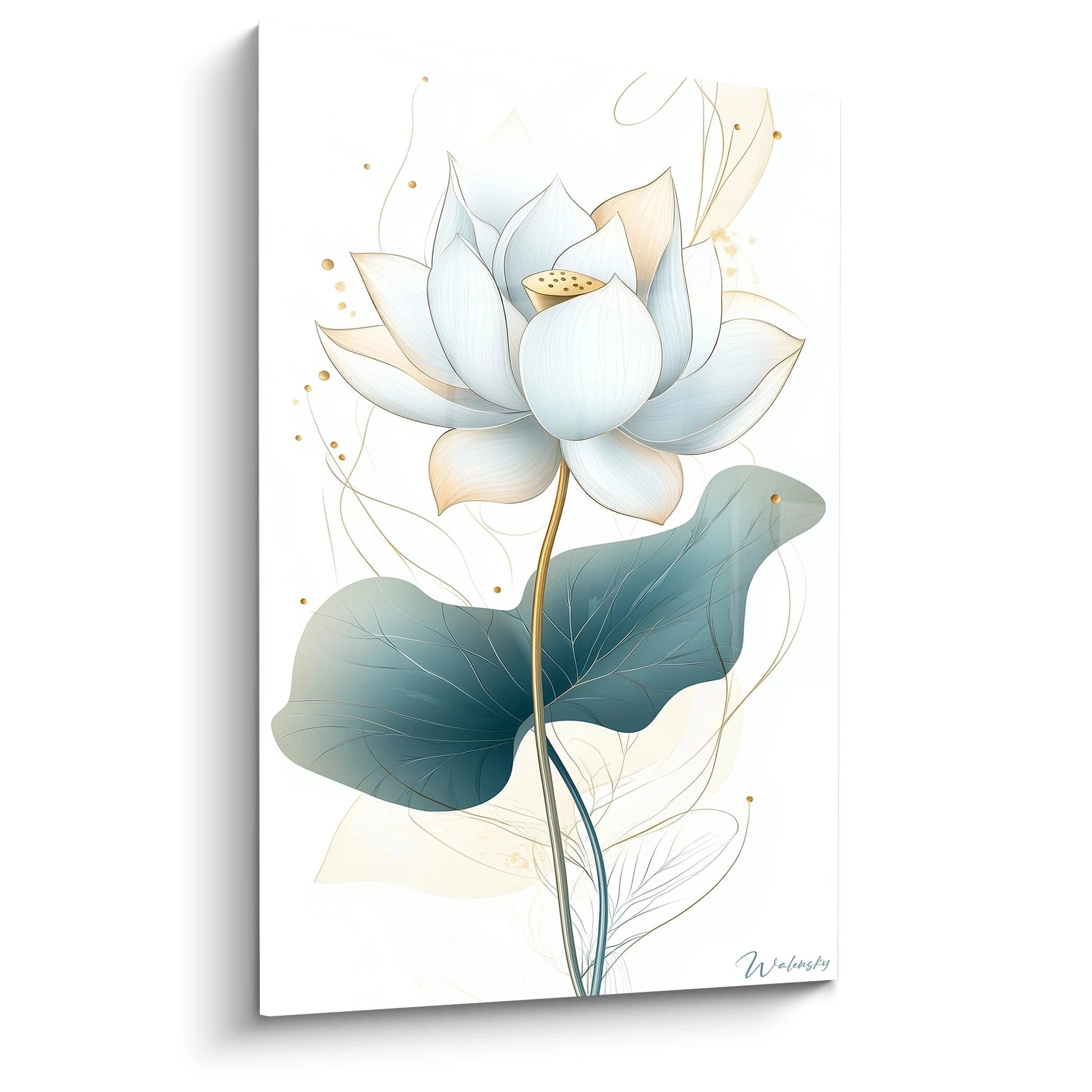 Tableau lotus zen par Walensky avec fleur de lotus blanche et feuillage bleu pour décoration apaisante
