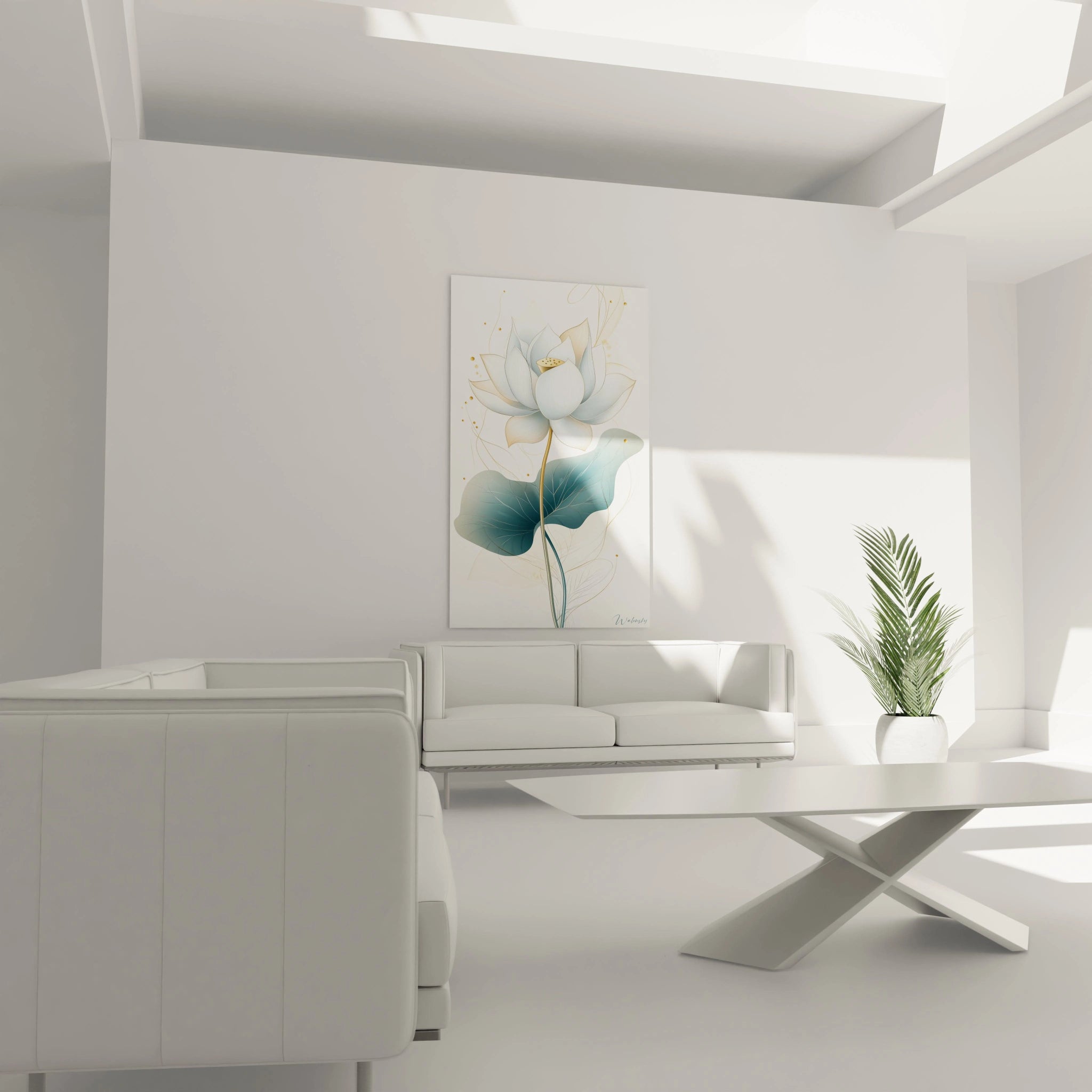 Tableau lotus zen de Walensky accroché dans un salon blanc moderne avec canapé et plante verte
