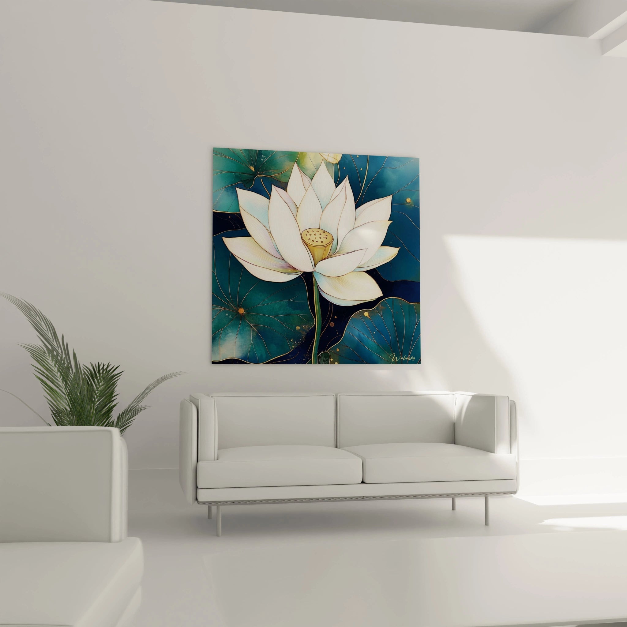 tableau lotus blanc élégant Walensky sur mur salon minimaliste avec canapé blanc et plante verte