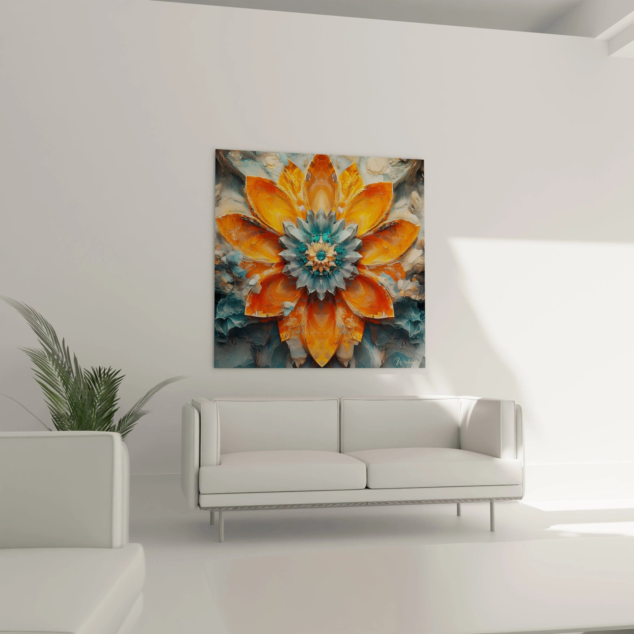 Tableau de fleurs abstraites Walensky avec des détails orange et bleus sur fond clair