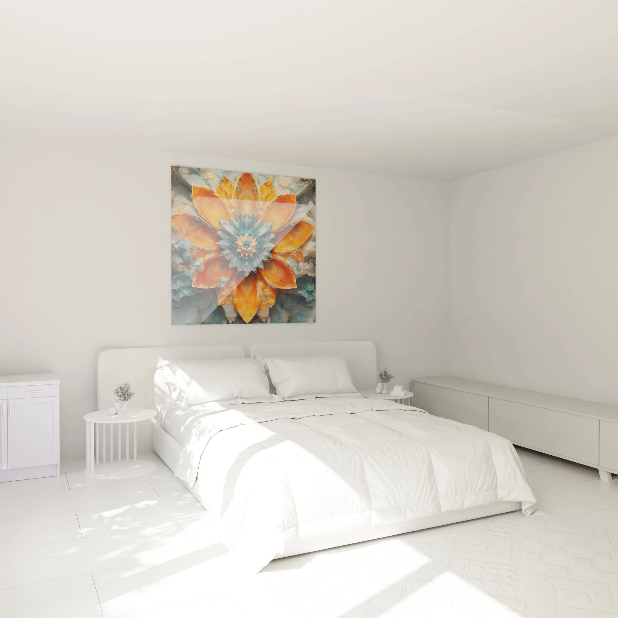 Tableau fleurs abstraites Walensky accroché au mur d'une chambre lumineuse et moderne