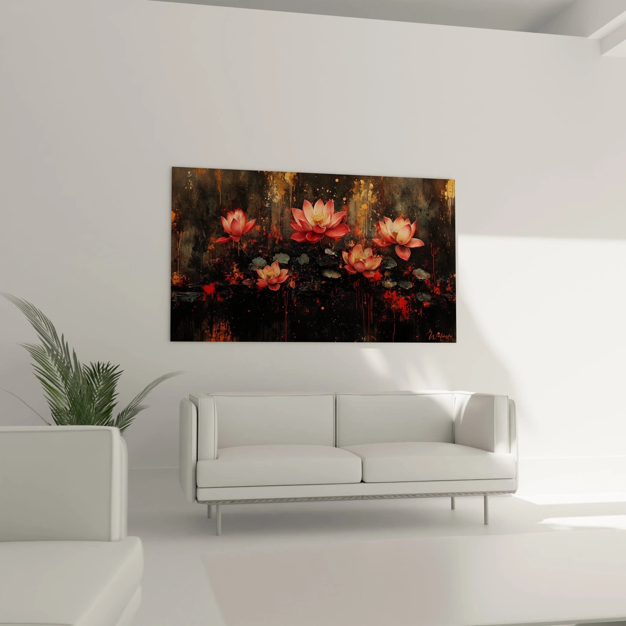 Un tableau de lotus rouges en pleine floraison sur un fond noir expressionniste, avec des projections d'or et des coulures orange, montrant le contraste entre le réalisme délicat des fleurs et la texture chaotique de l'arrière-plan.