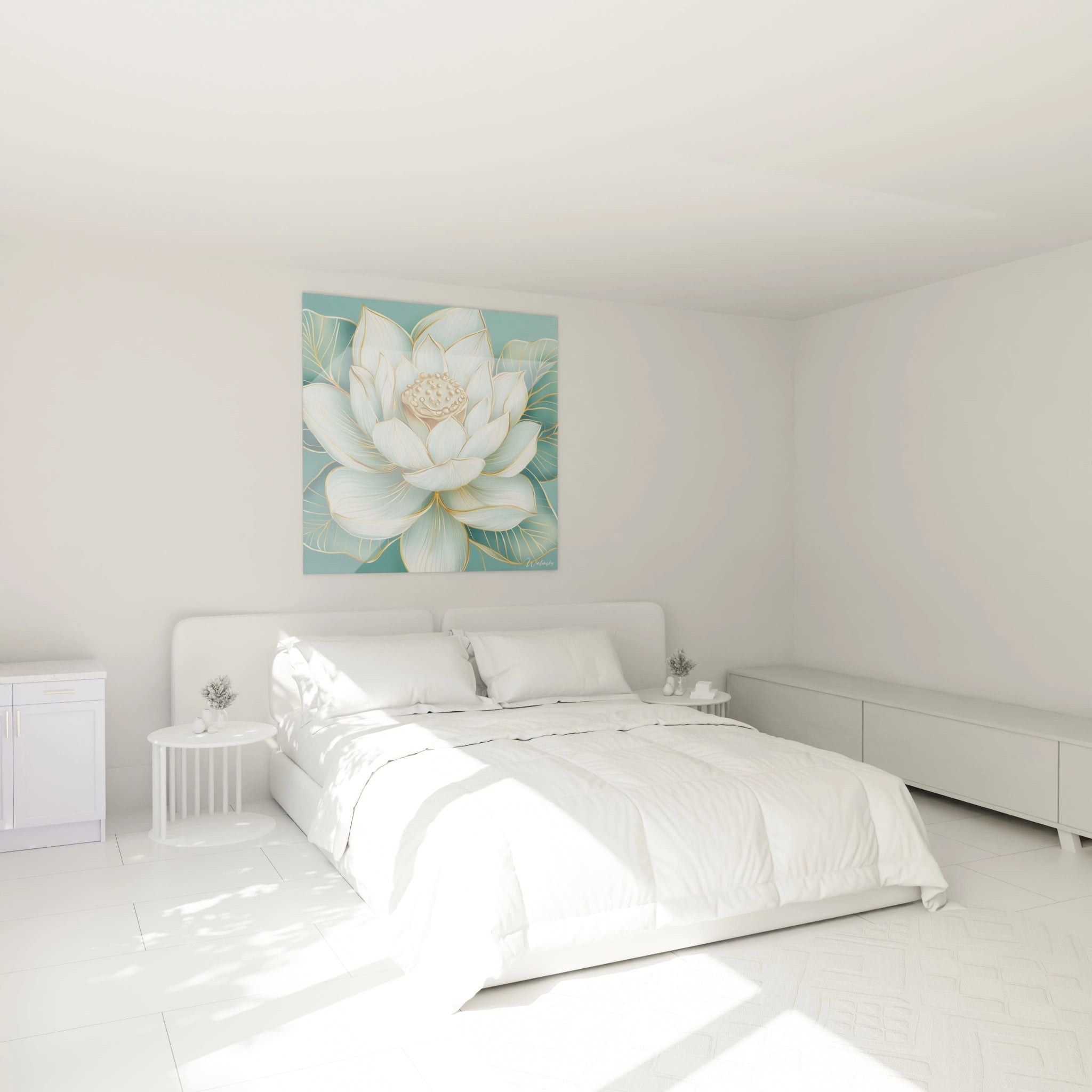Walensky tableau fleur de lotus décoration murale sur toile turquoise au dessus du lit dans une chambre minimaliste et apaisante