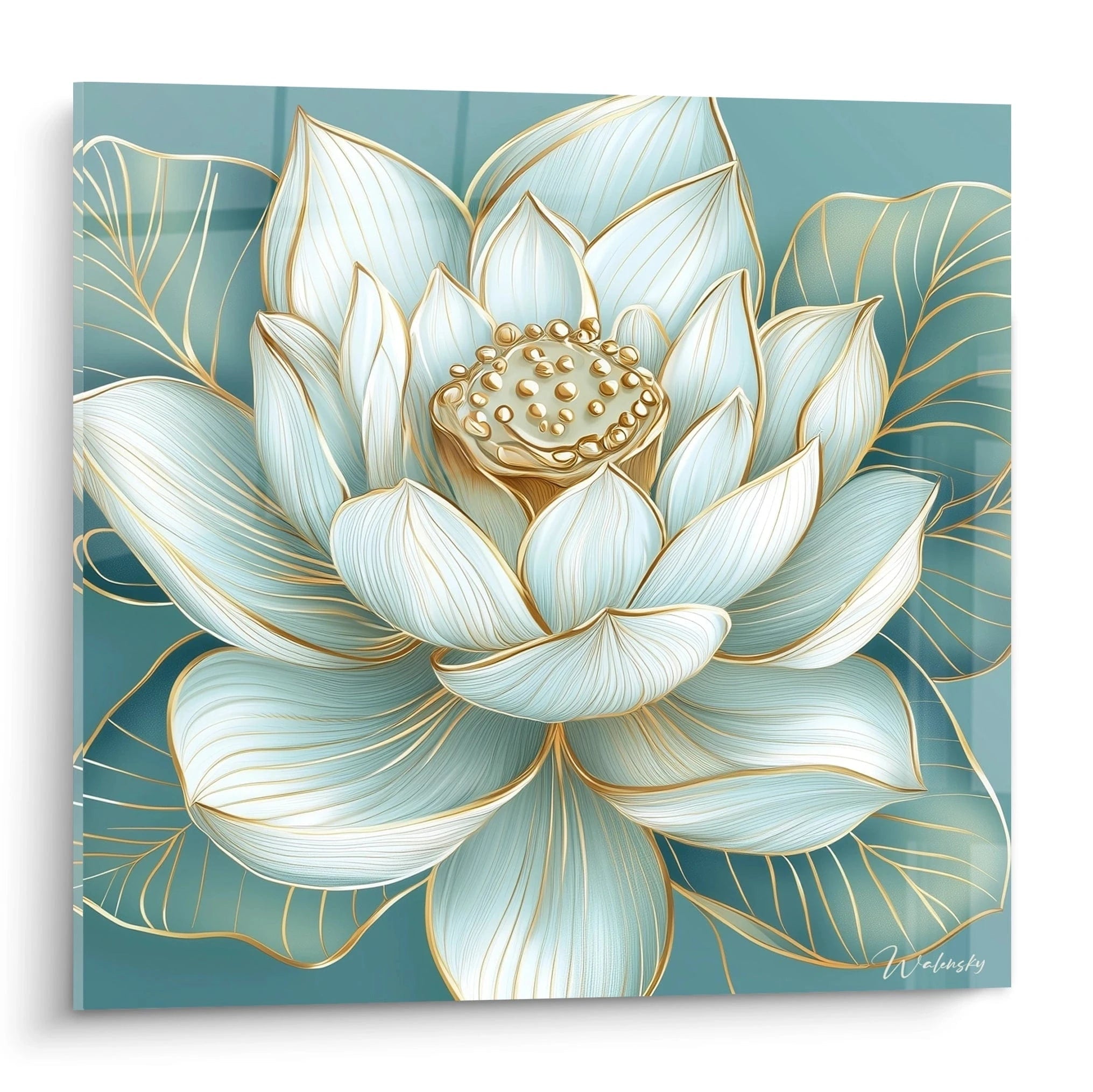 tableau fleur de lotus décoration murale Walensky motif lotus stylisé bleu vert avec accents dorés sur toile