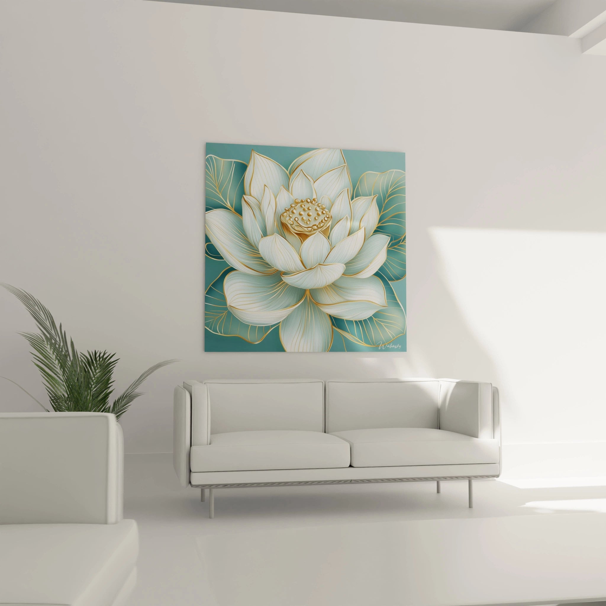 tableau fleur de lotus décoration murale Walensky lotus blanc accents dorés fond vert au dessus d un canapé blanc