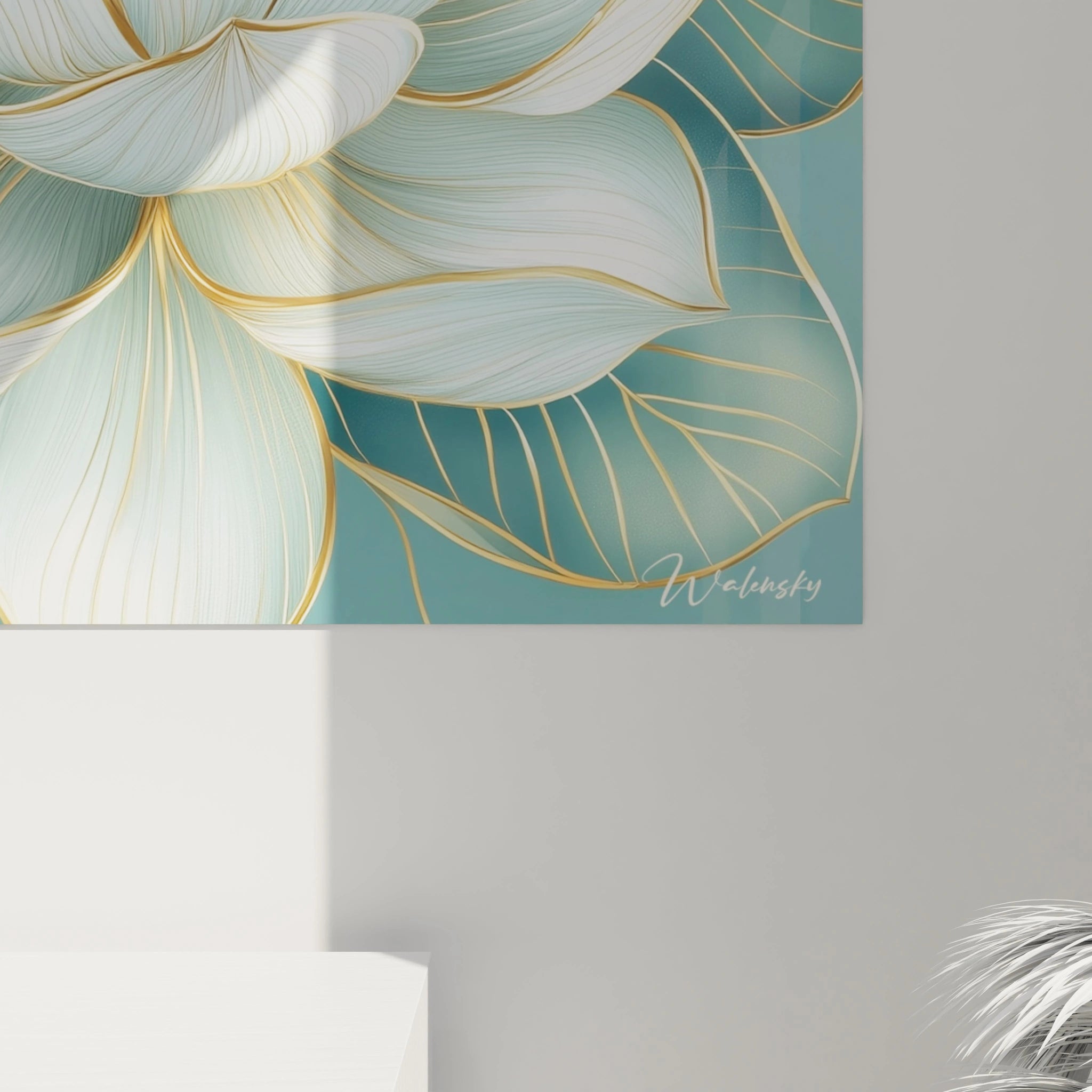 Tableau Walensky avec grande fleur de lotus blanche et dorée sur fond turquoise, tableau fleur de lotus décoration murale
