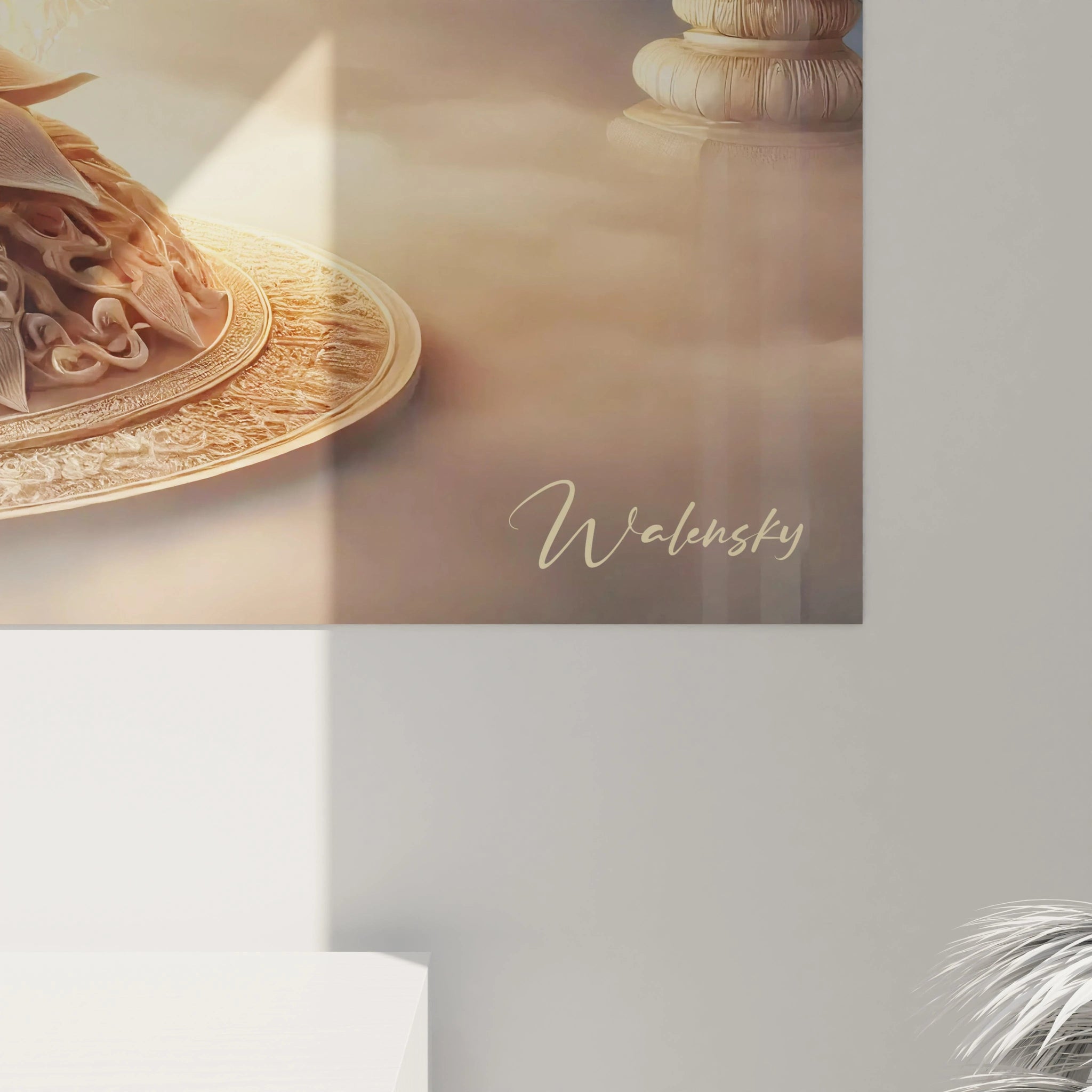 "Vue rapprochée d'un tableau en verre acrylique sur le thème zen et méditation, montrant les détails et la texture de l'œuvre sous un angle spécifique."